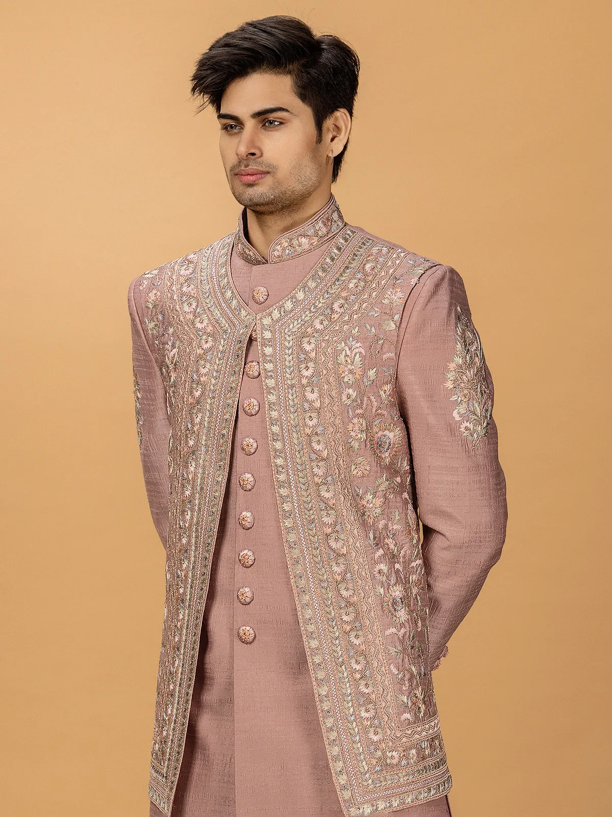 Classy pink silk indowestern for wedding