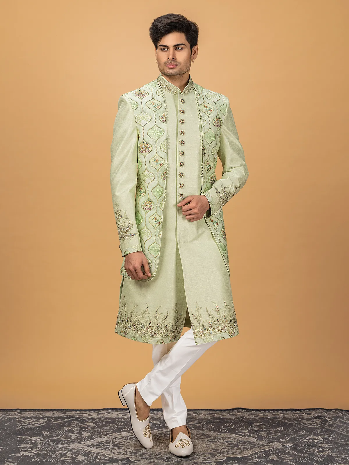 Classy pista green silk indowestern