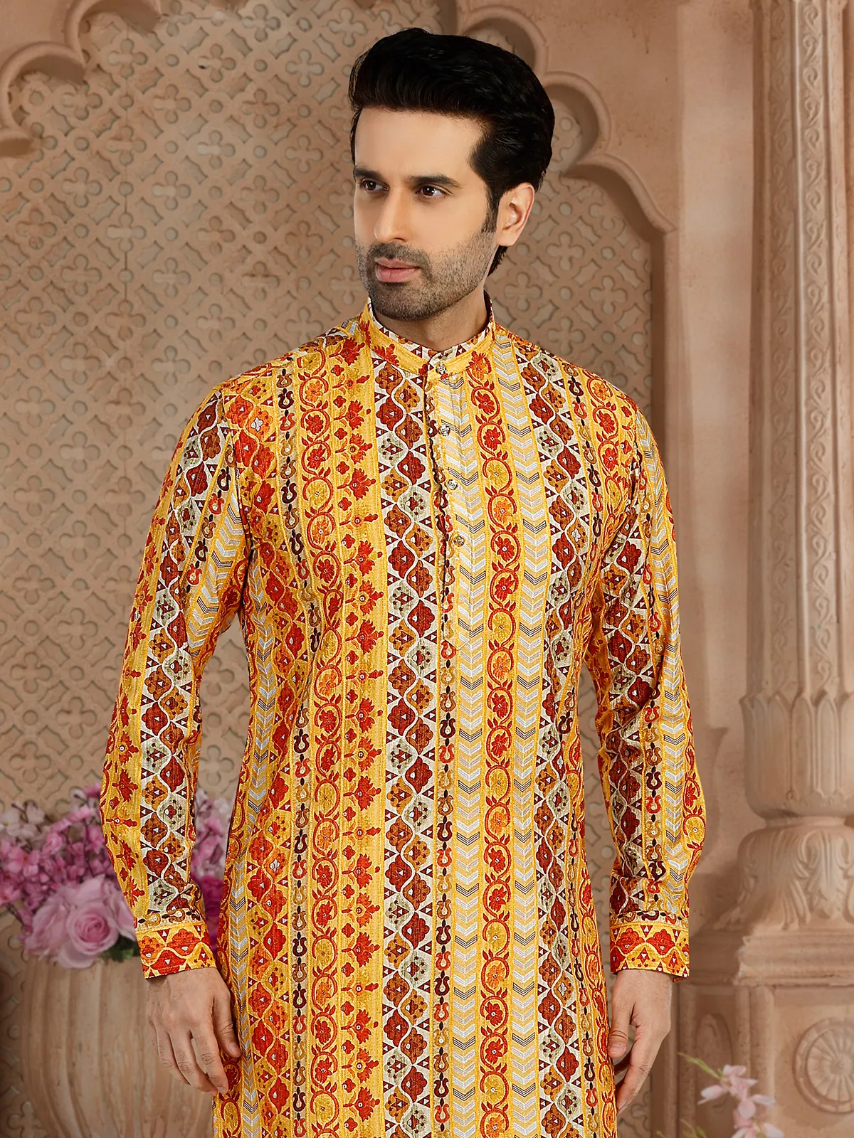 Classy printed yellow  Men Kurta pajama