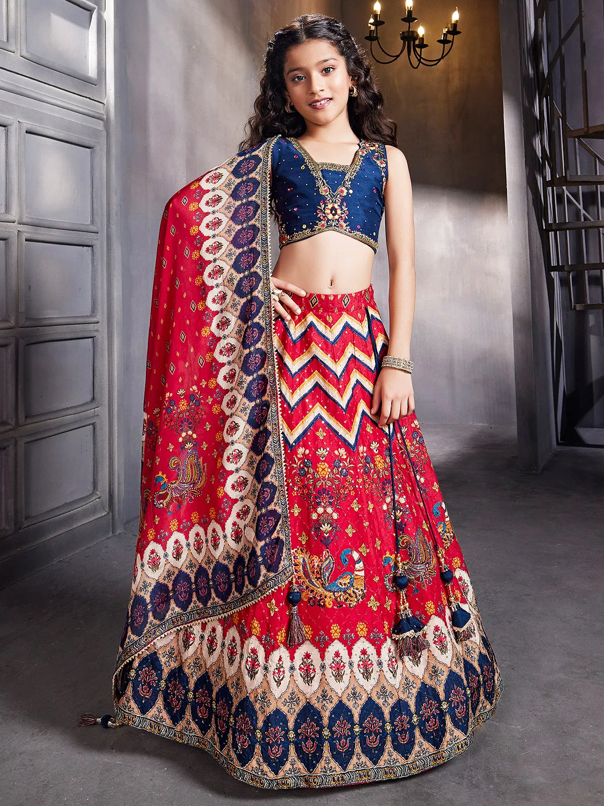Classy red and navy silk printed lehenga choli
