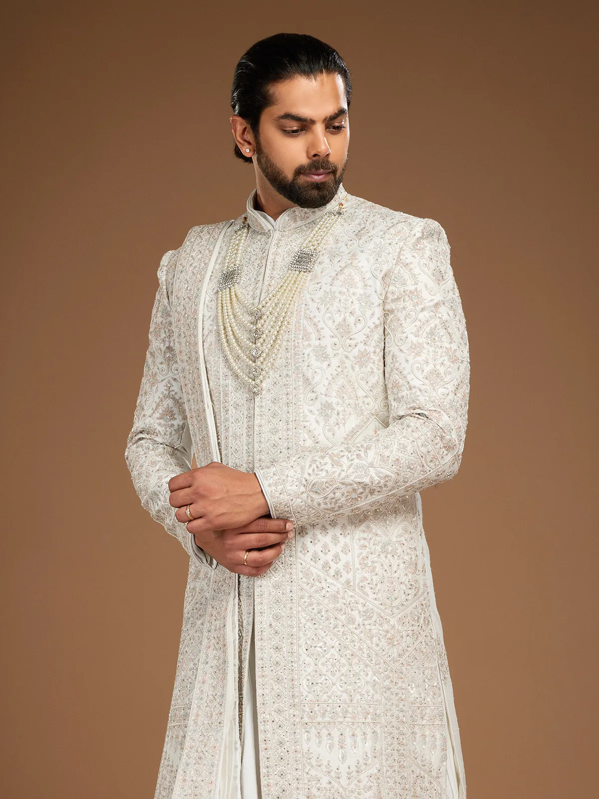 Classy silk off white sherwani