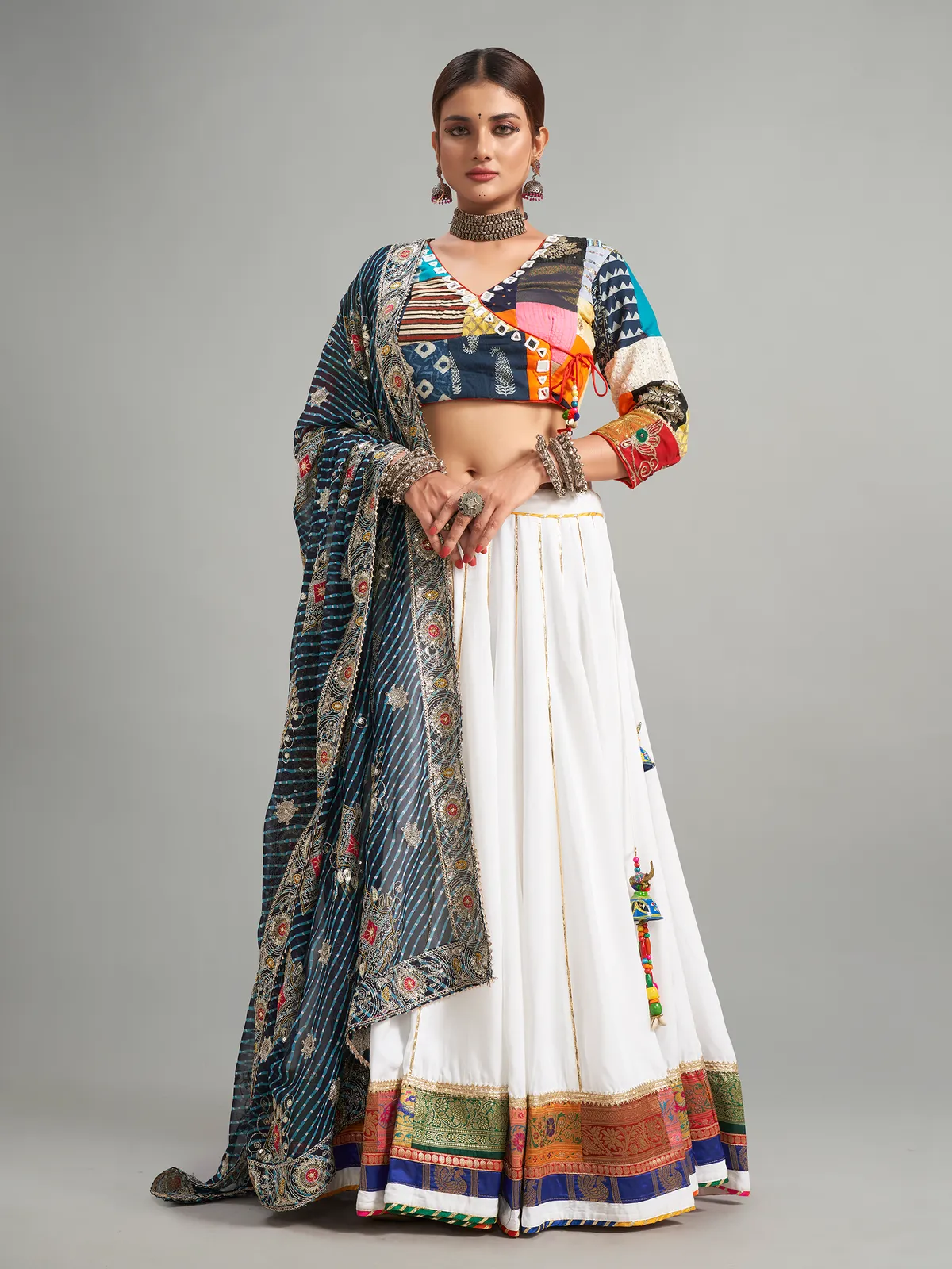 Classy white printed cotton silk chaniya choli