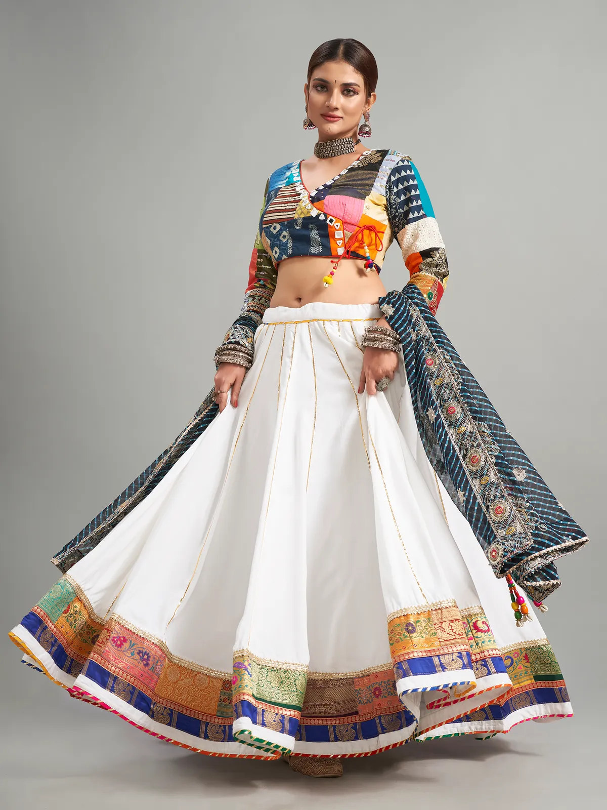 Classy white printed cotton silk chaniya choli