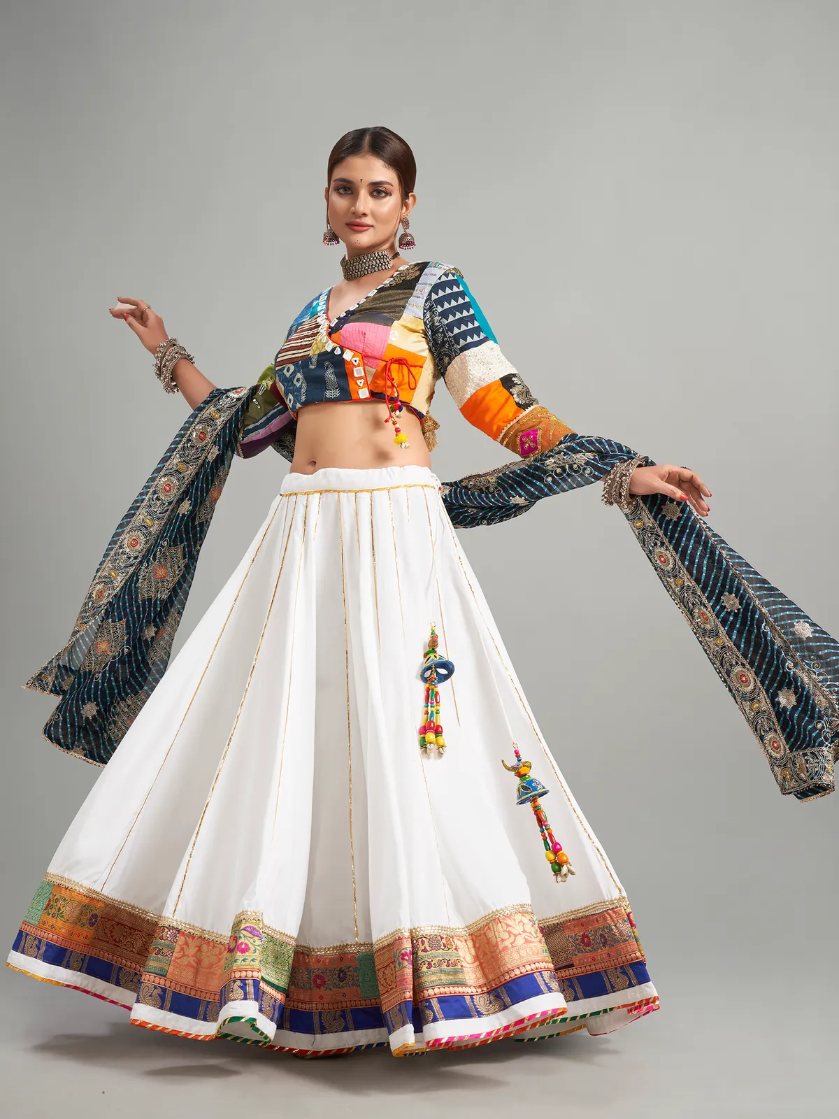 Classy white printed cotton silk chaniya choli