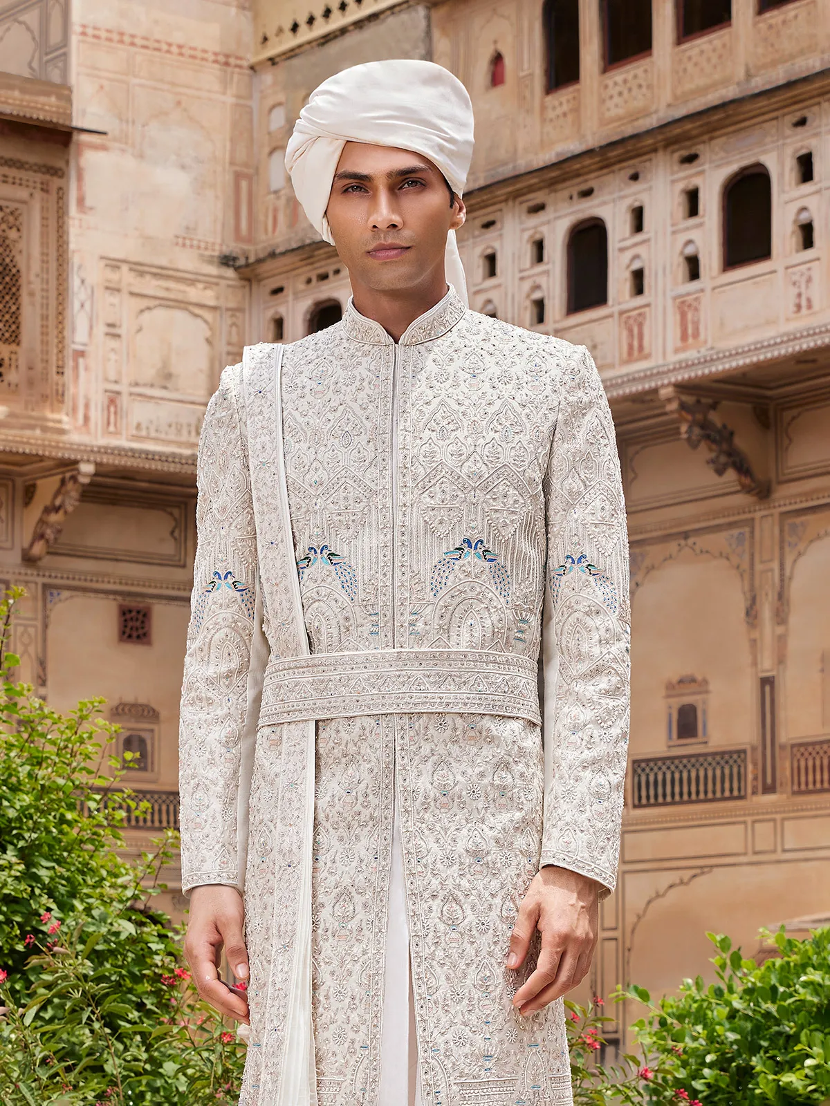 Classy white silk sherwani