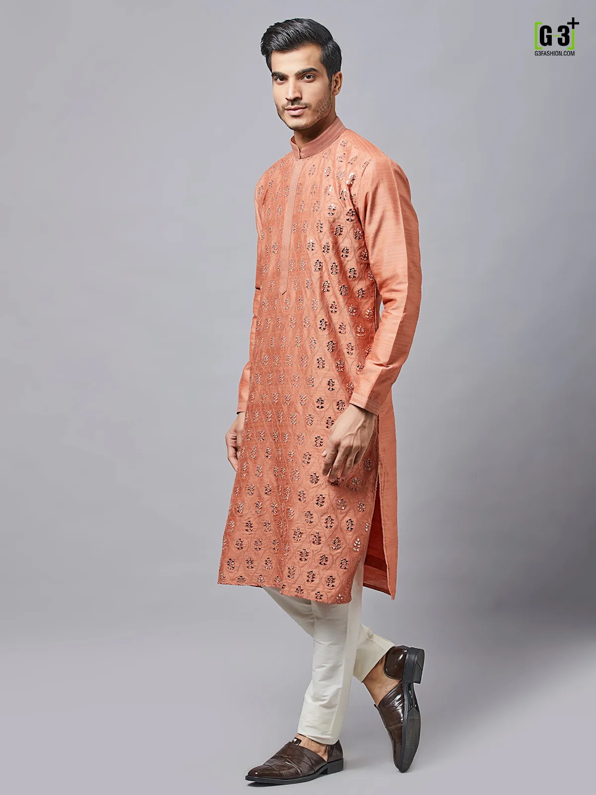 Copper peach silk kurta set for festive seasons