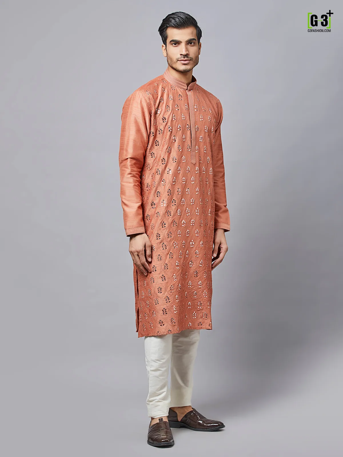 Copper peach silk kurta set for festive seasons