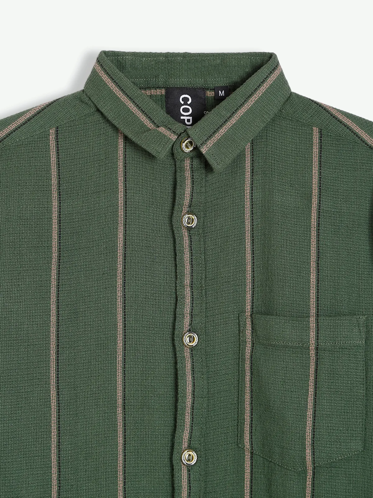 Copperstone knitted stripe shirt in sage green