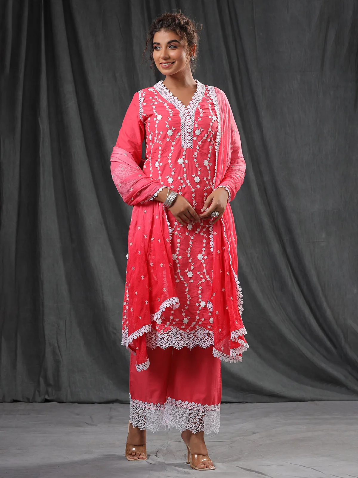 Coral pink cotton kurti set for festive wear
