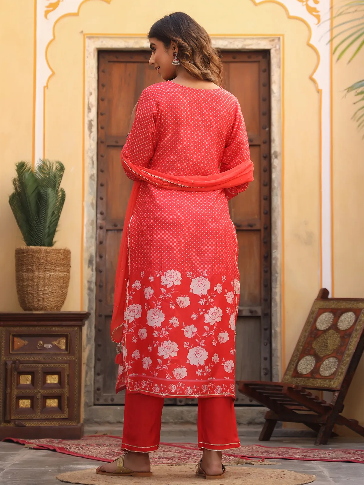 Coral pink cotton punjabi style festive wear pant set