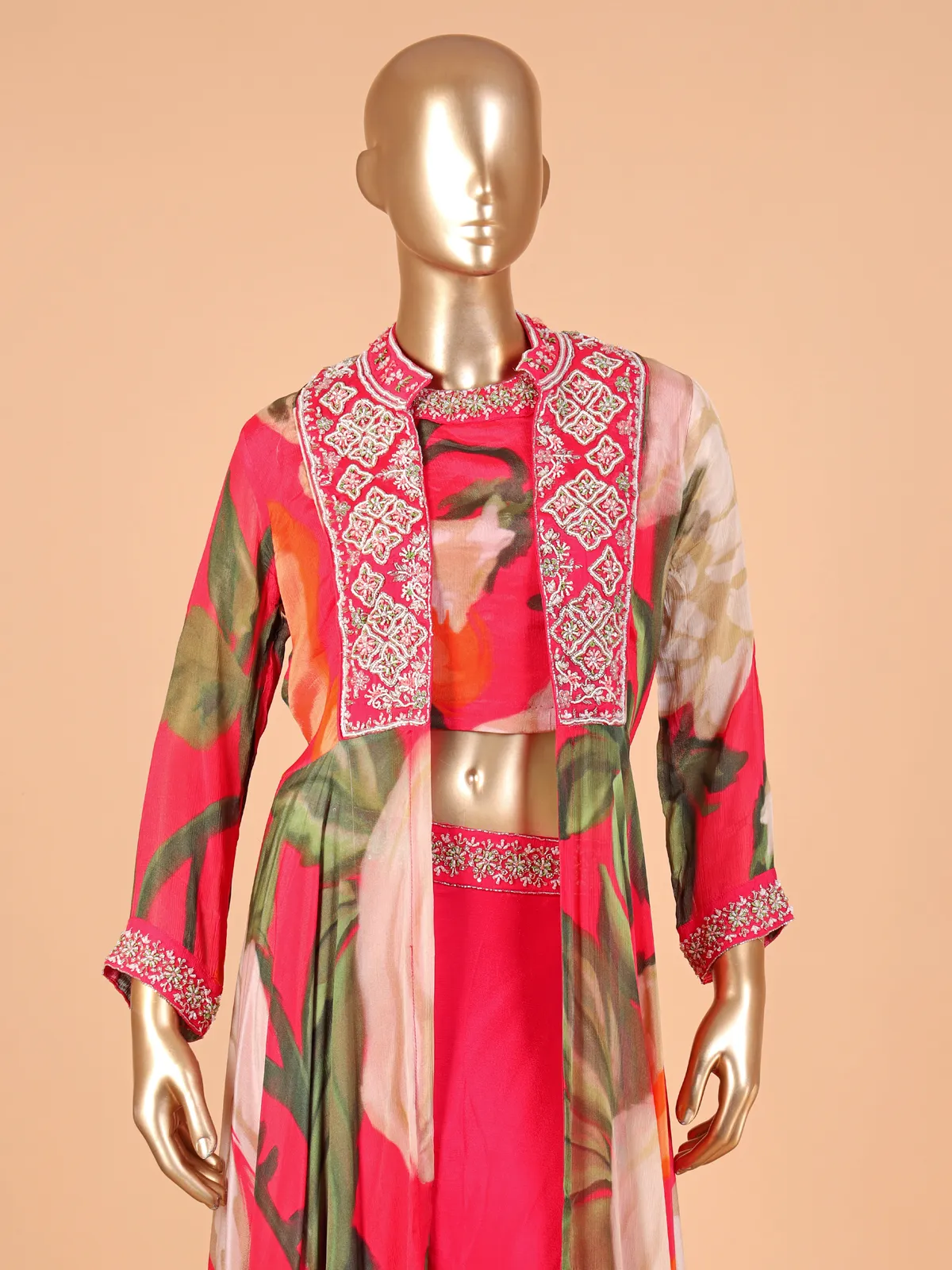 Coral pink printed jacket style lehenga choli
