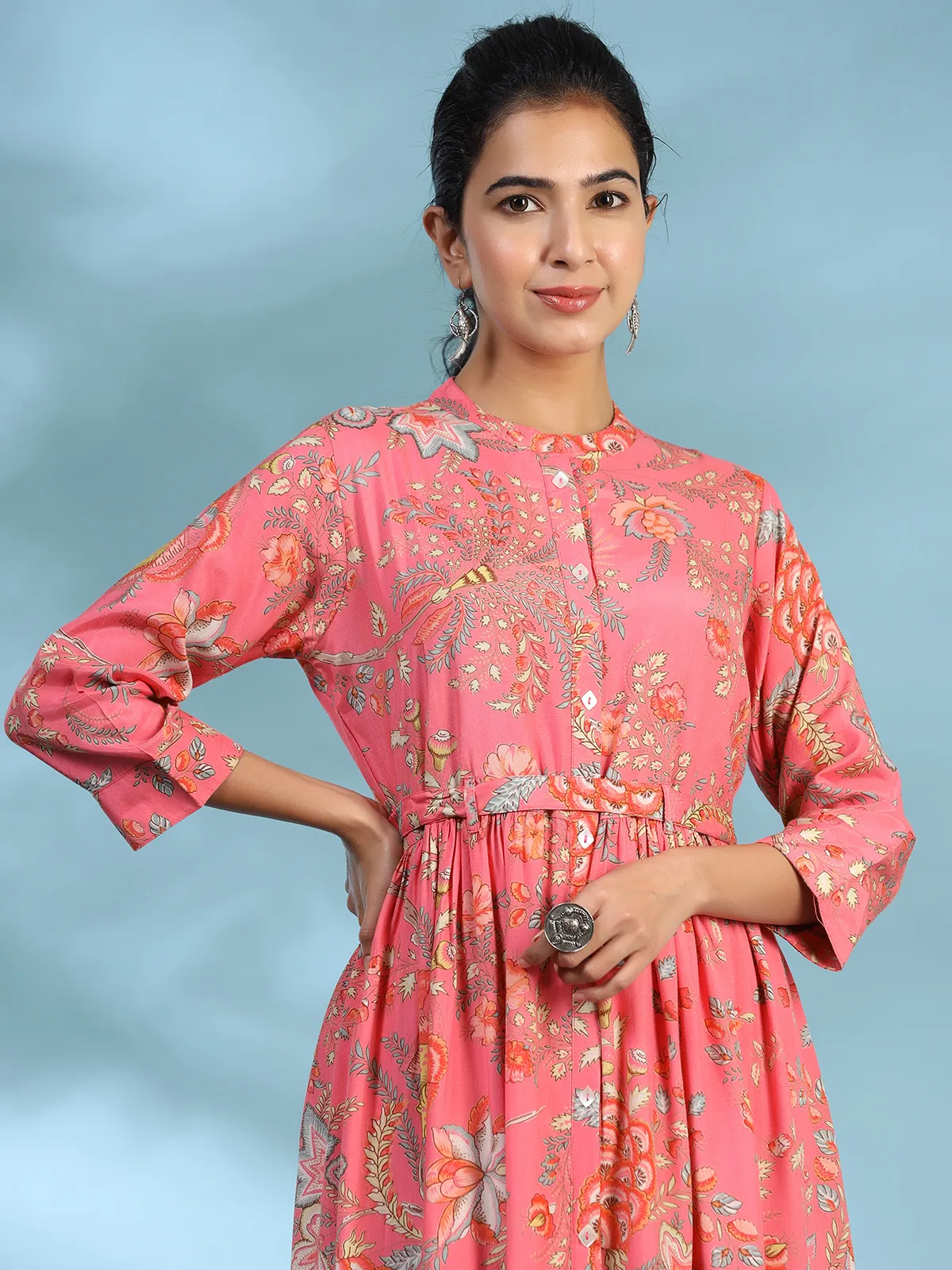 Coral pink printed silk long kurti