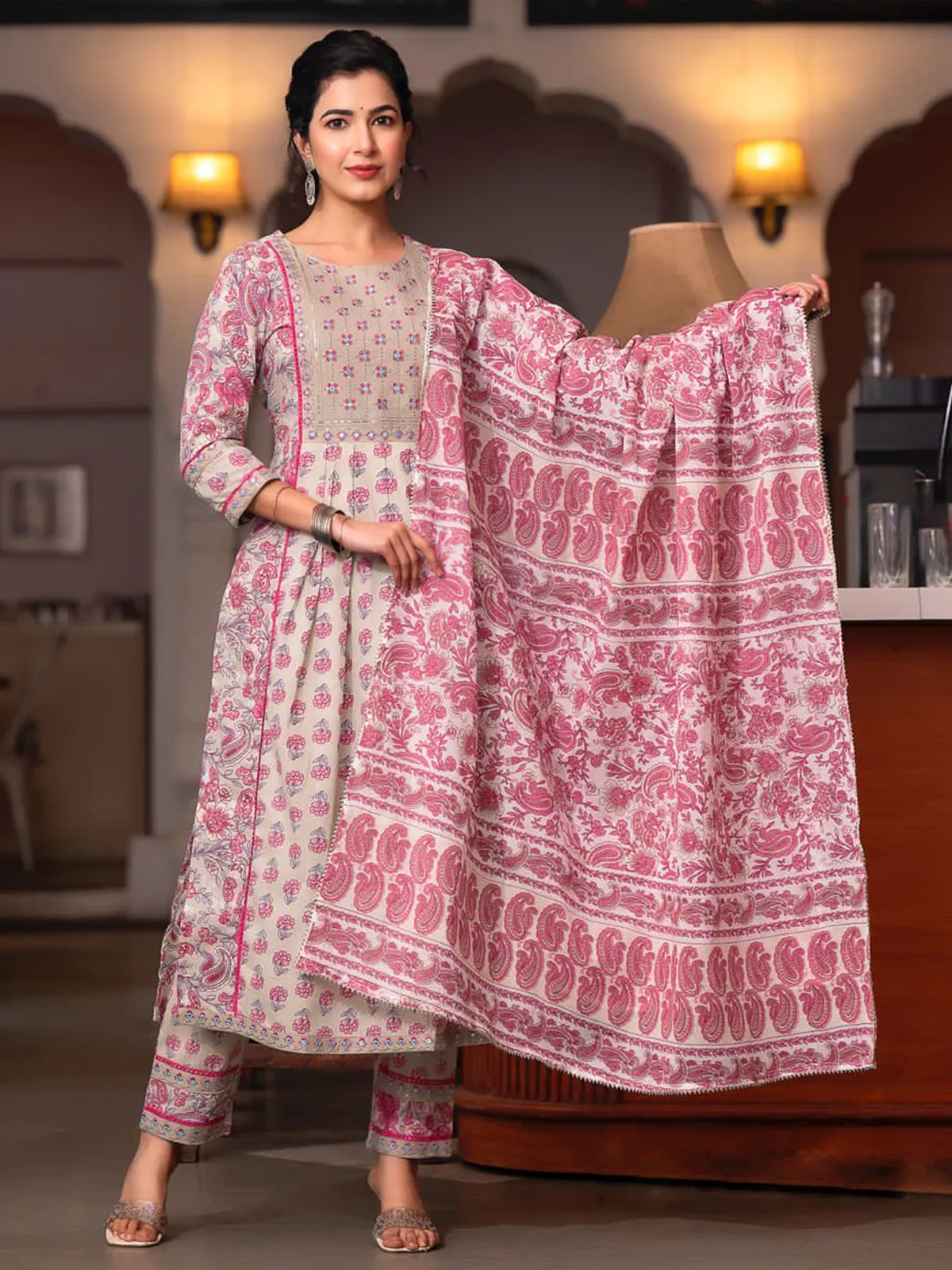 Cotton beige printed nyra cut kurti set