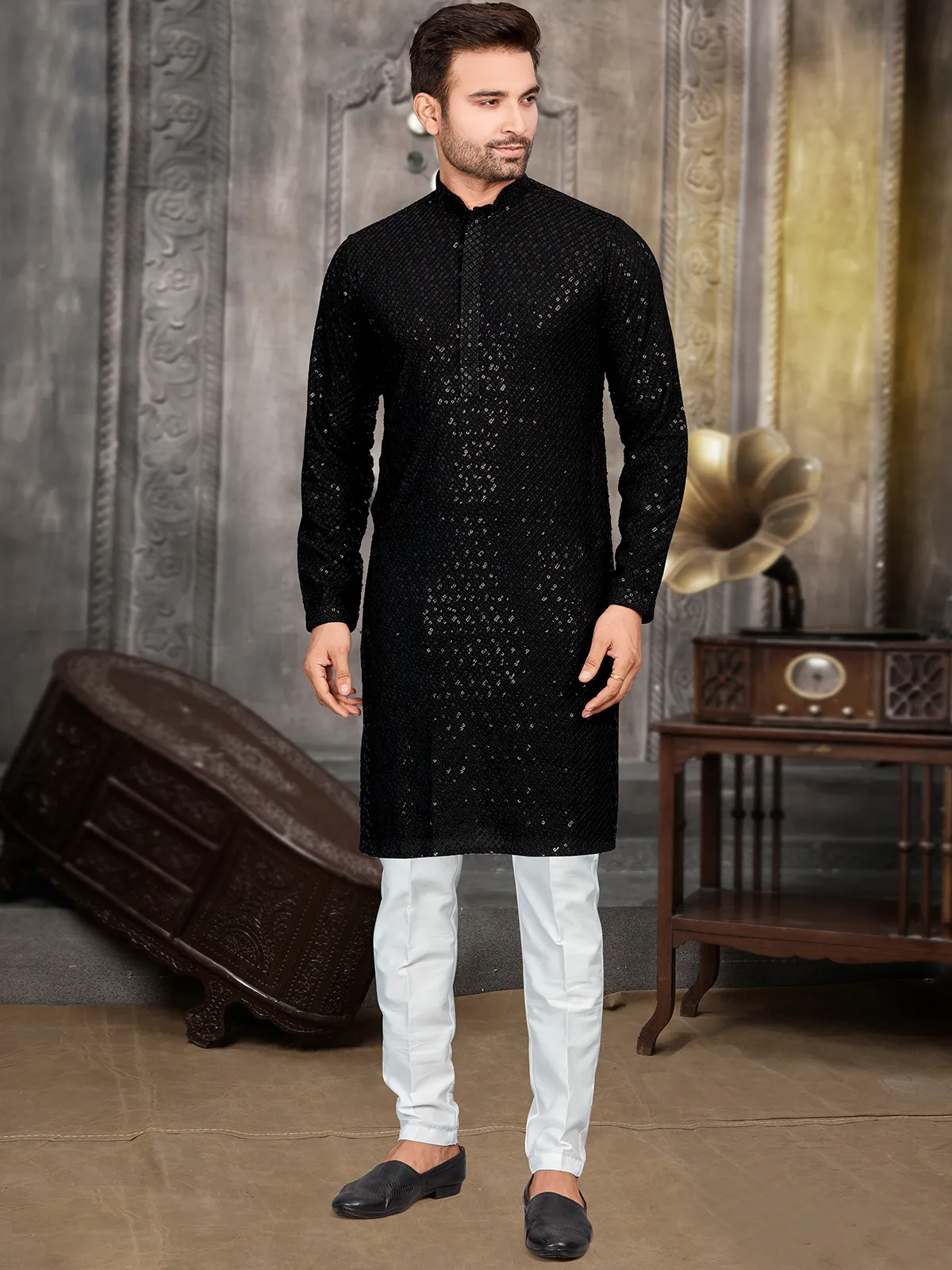 Cotton black embroidery  Men Kurta pajama