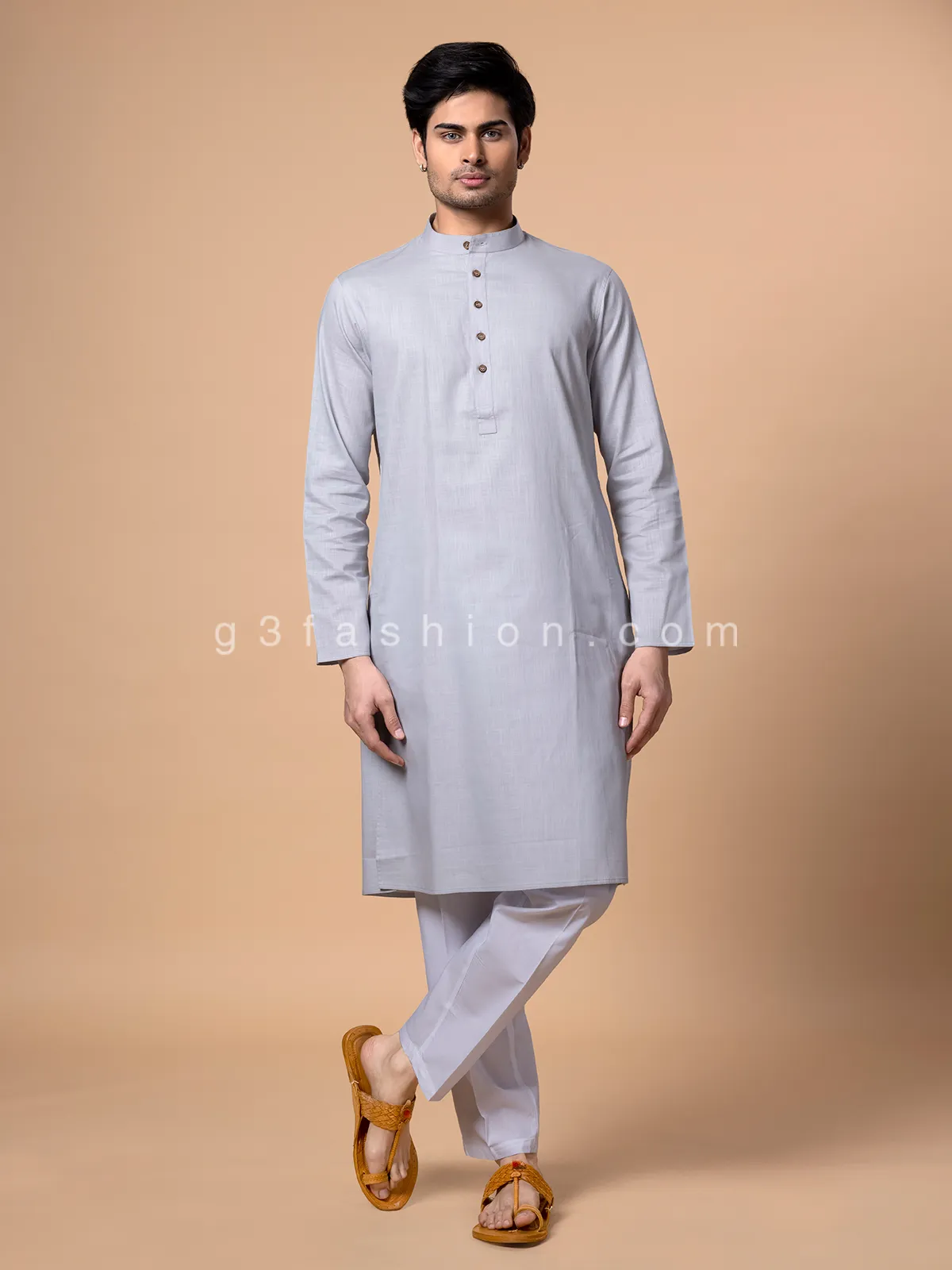 Cotton festive wear light grey kurta suit