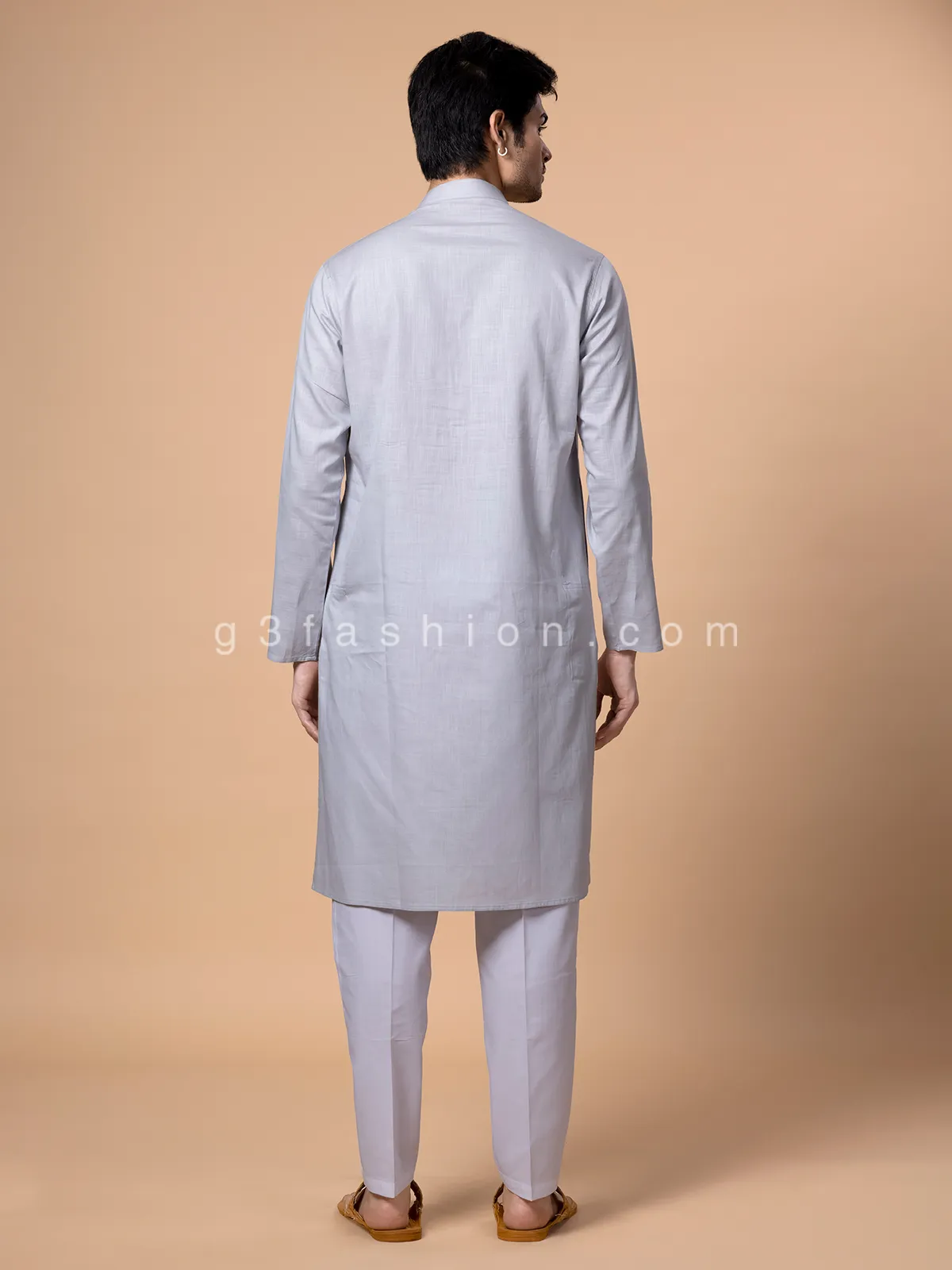 Cotton festive wear light grey kurta suit