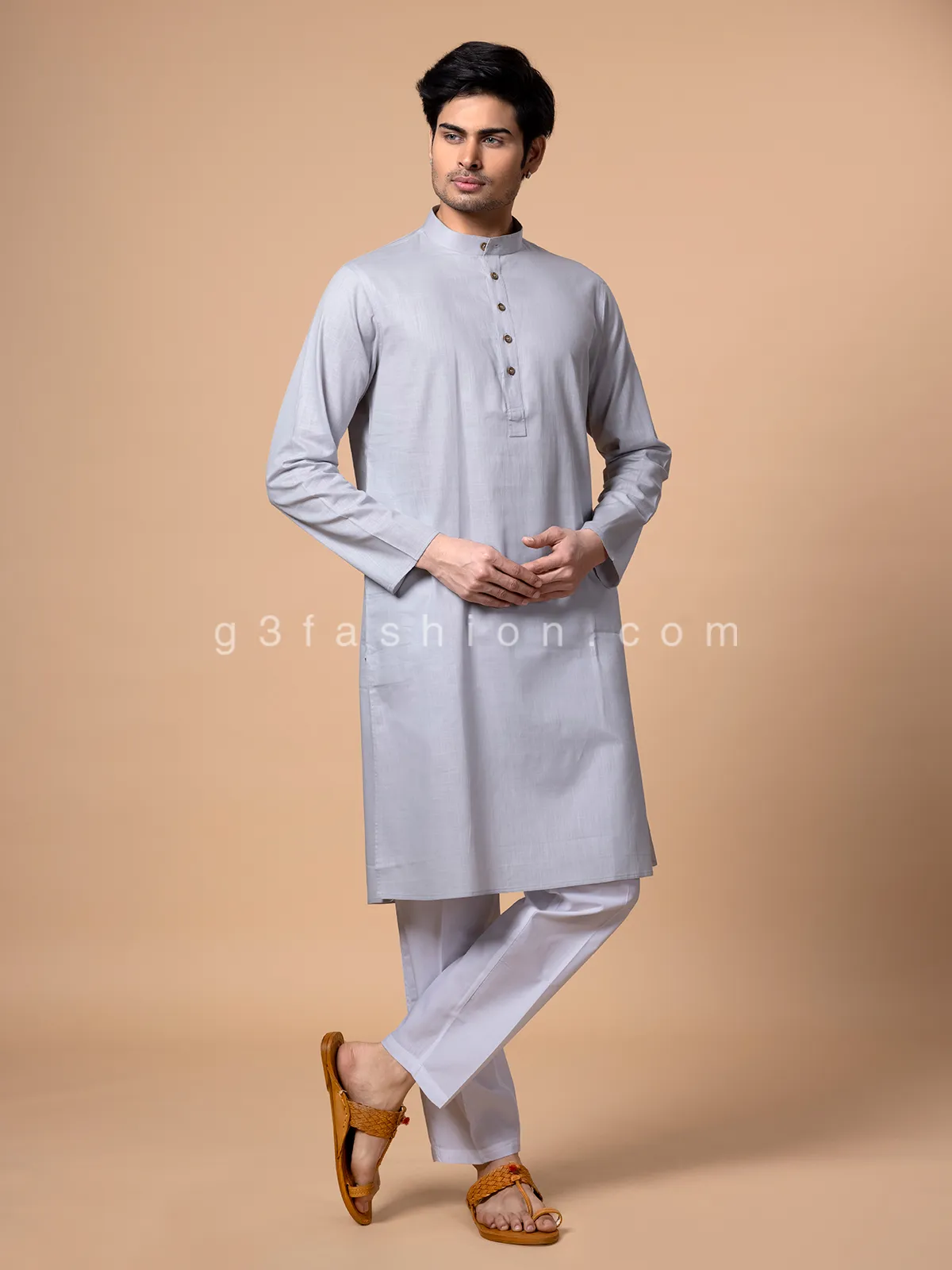Cotton festive wear light grey kurta suit