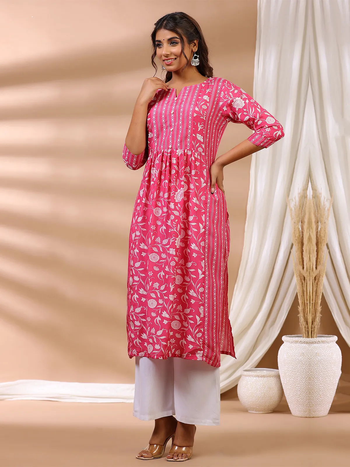 Cotton hot pink casual printed long kurti