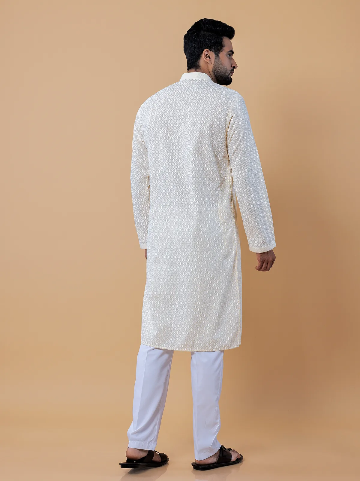 Cotton lucknowi kurta suit in light yellow