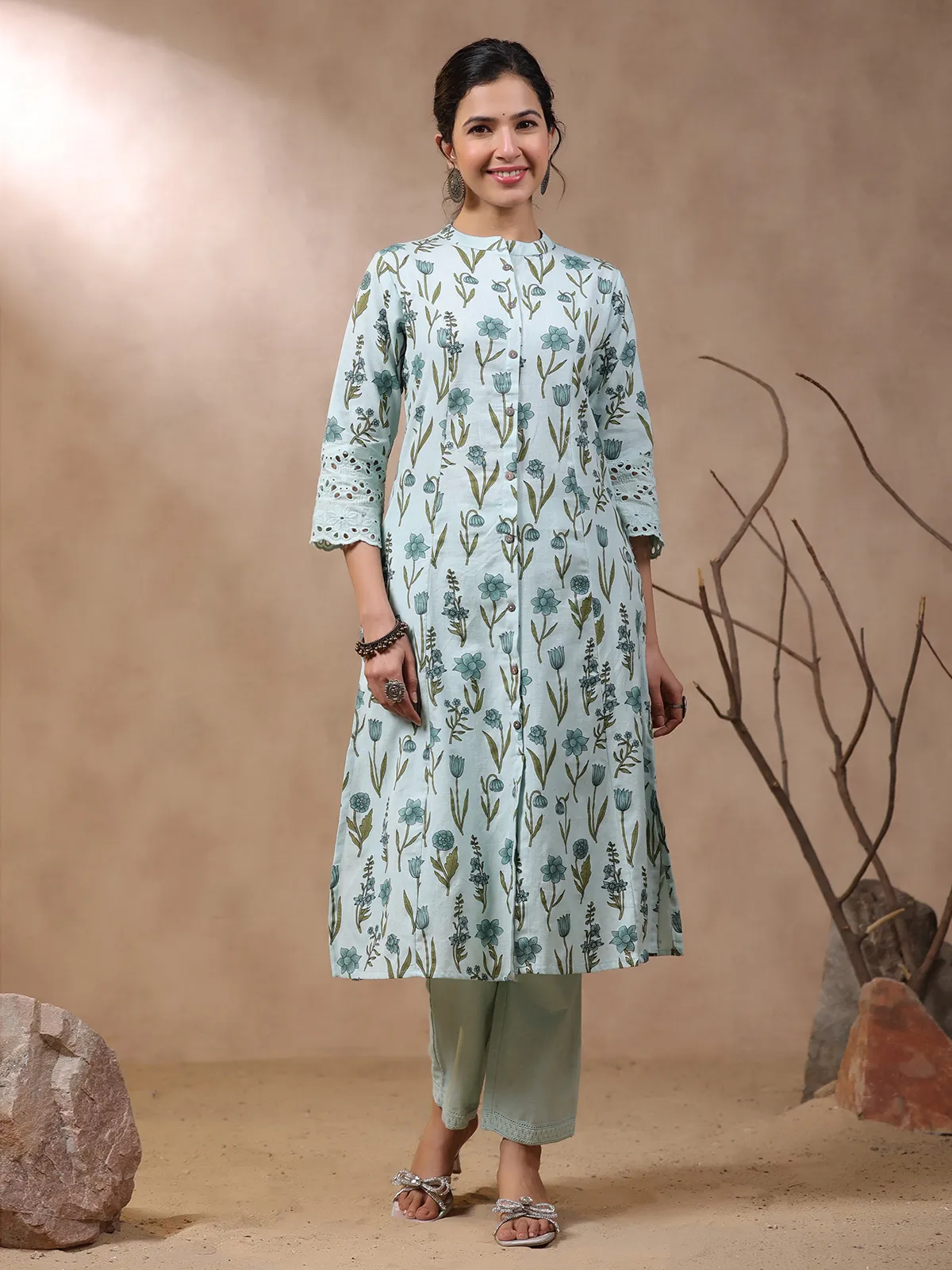 Cotton mint green floral printed kurti