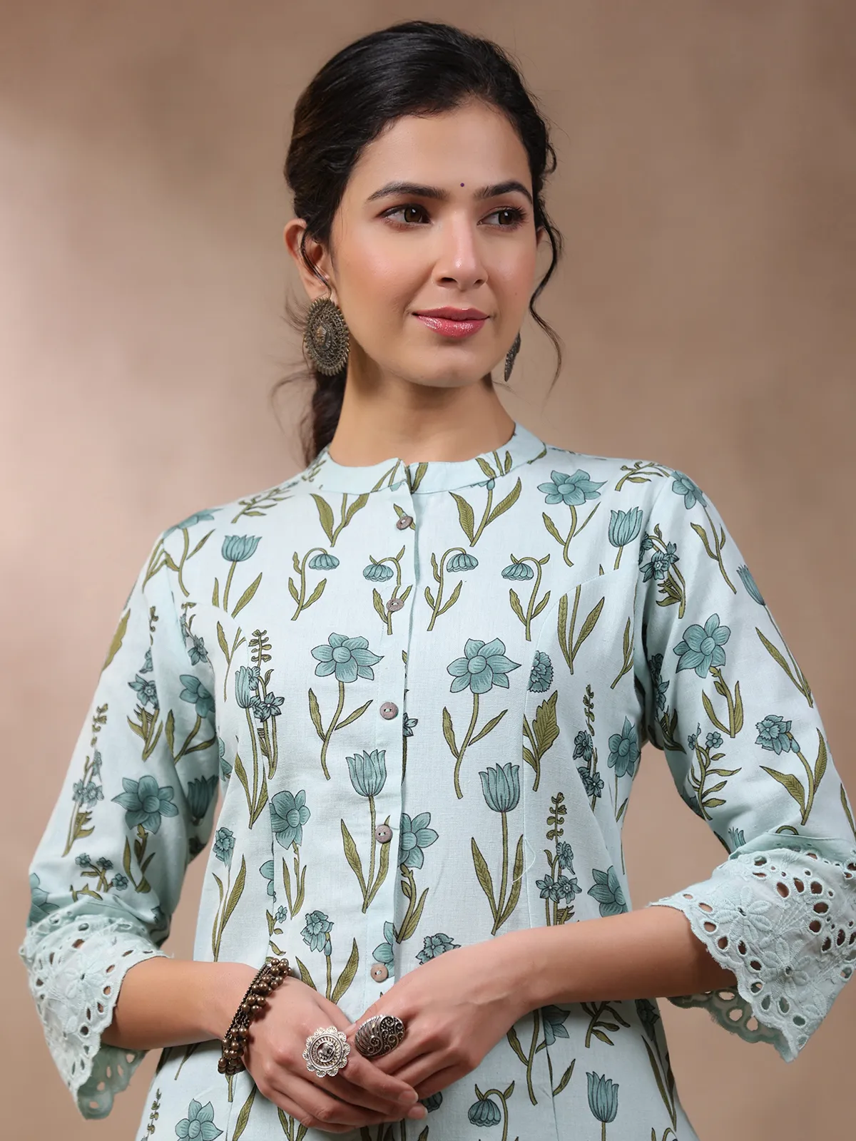 Cotton mint green floral printed kurti