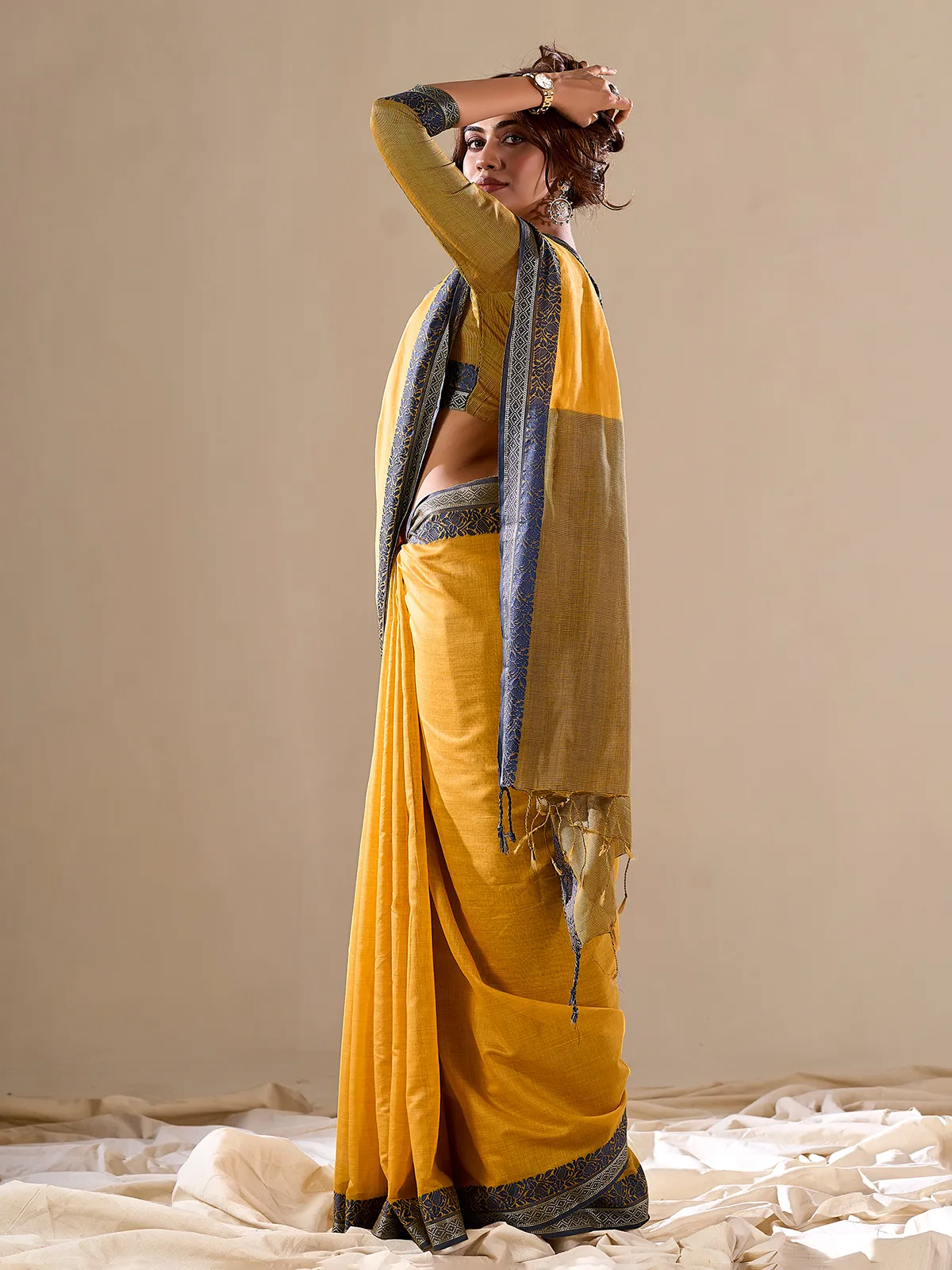 Cotton plain yellow saree