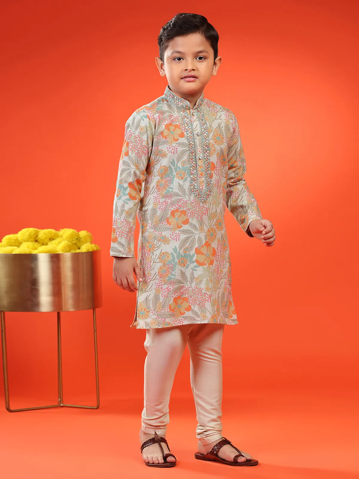 Cotton printed beige kurta suit