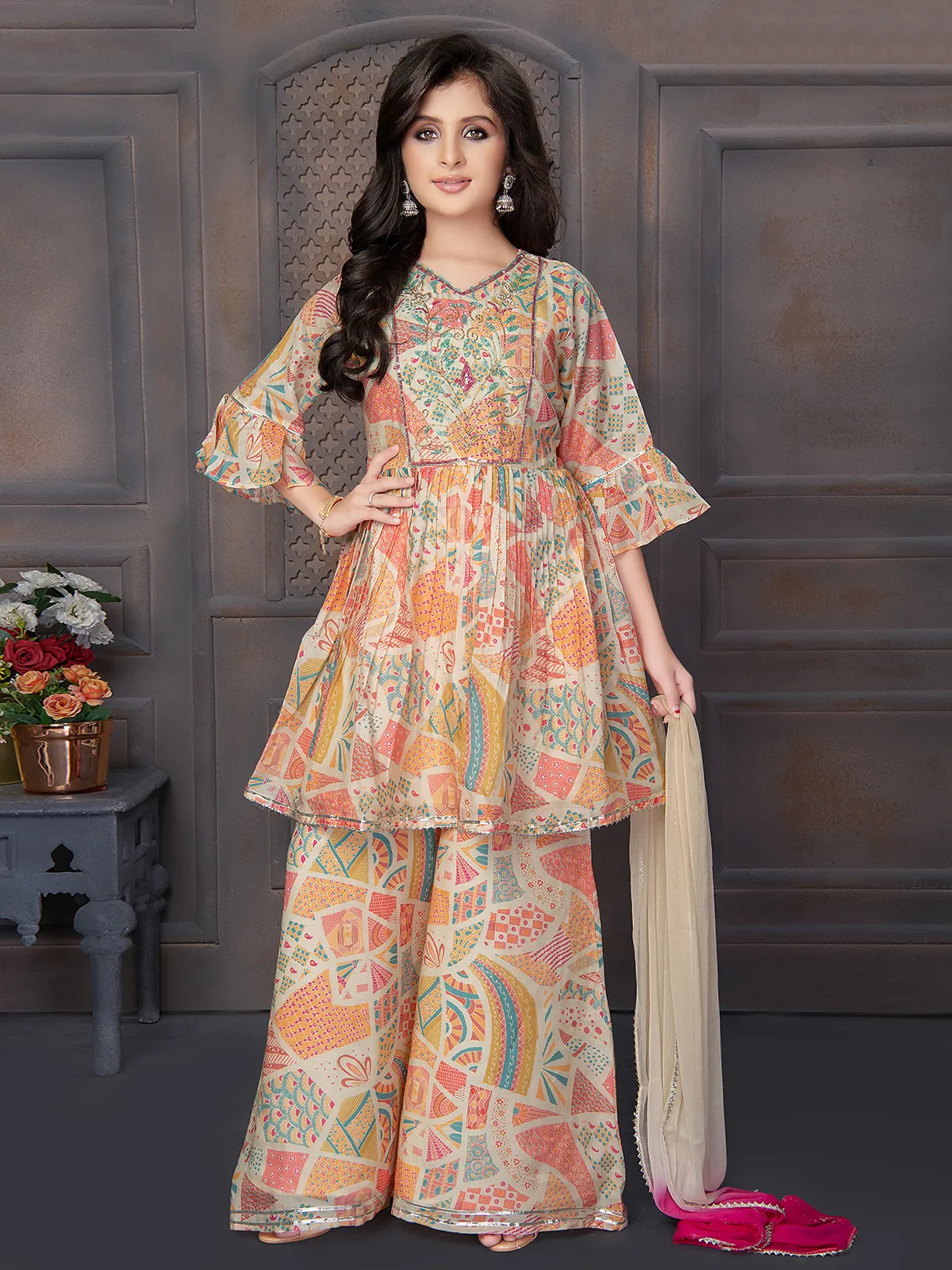 Cotton printed cream palazzo suit