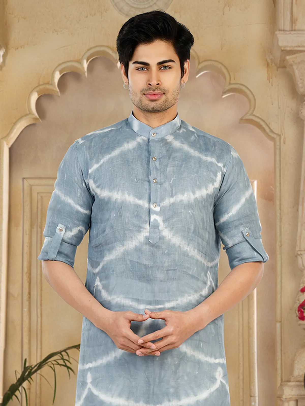 Cotton printed grey pathani suit