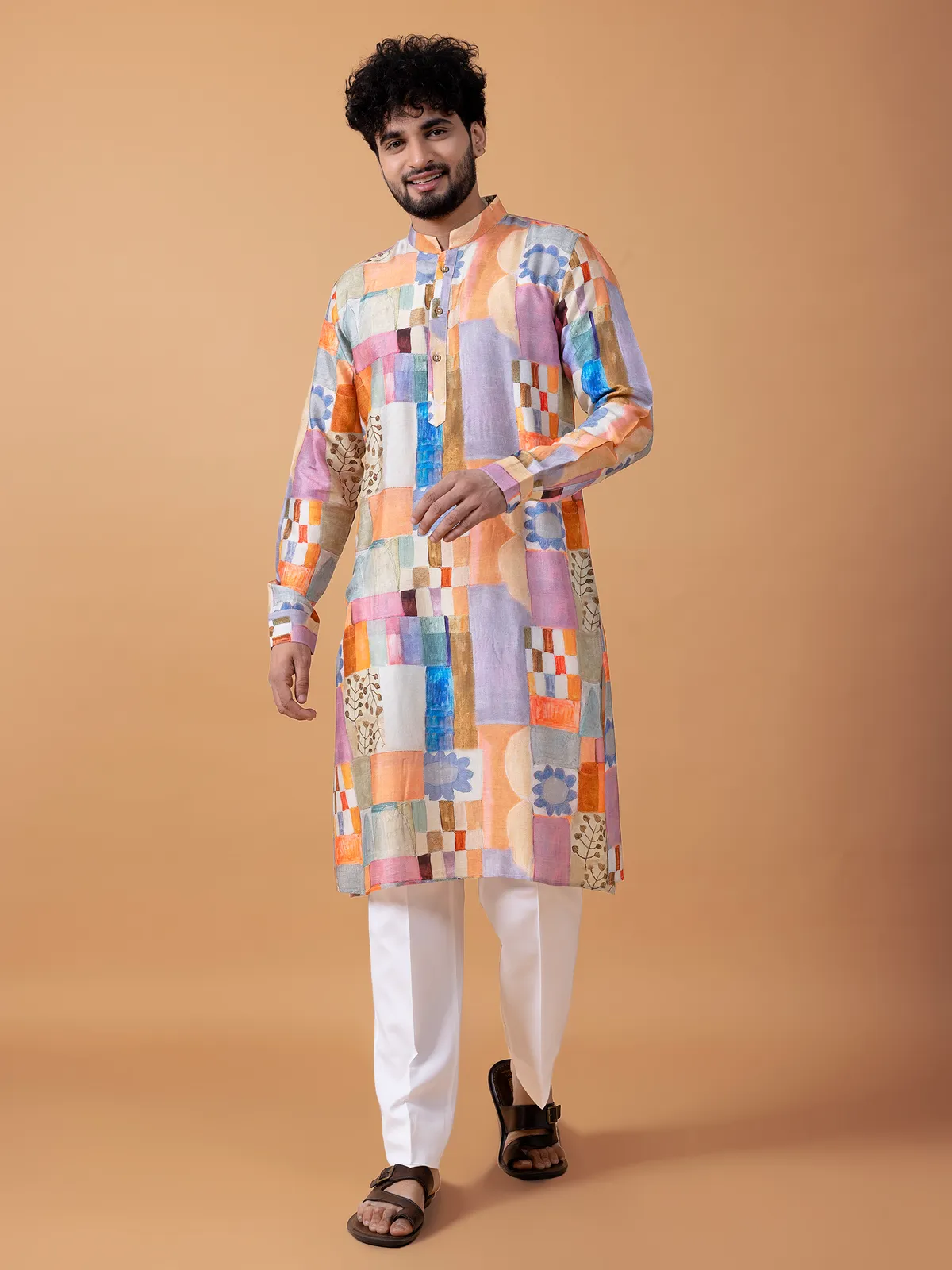 Cotton printed kurta suit in multi color