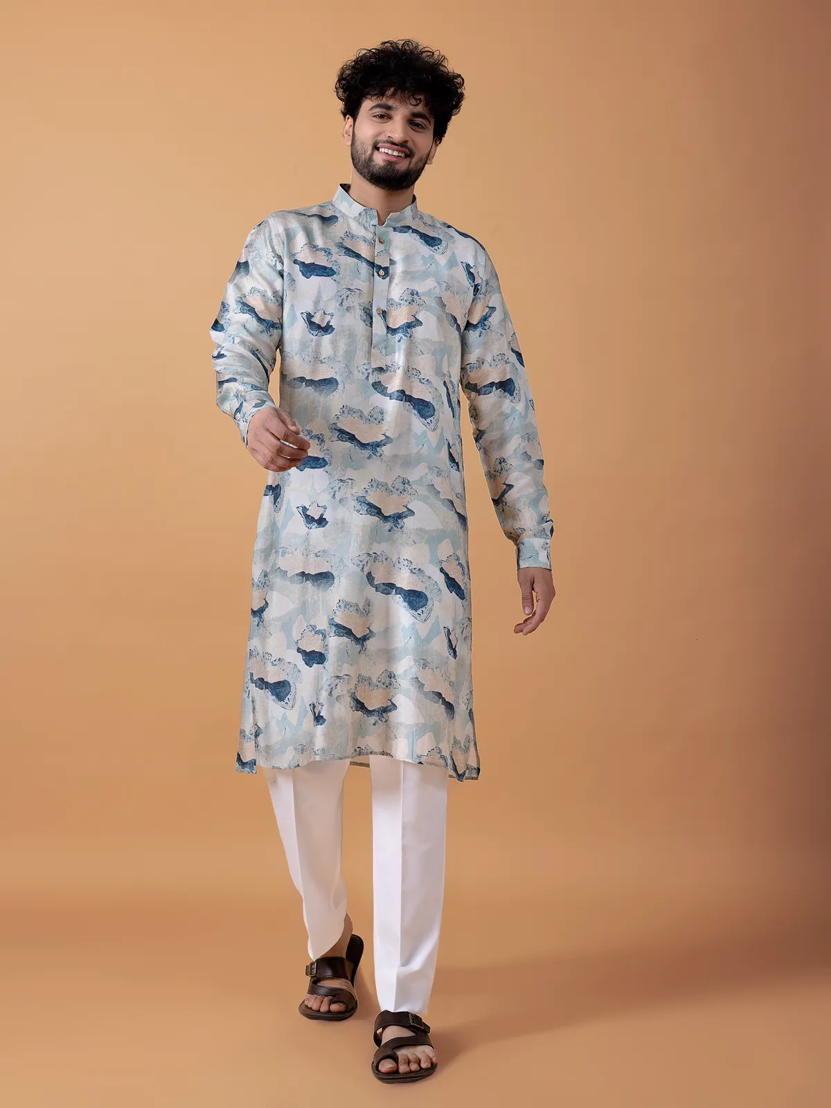 Cotton printed  Men Kurta pajama in sky blue