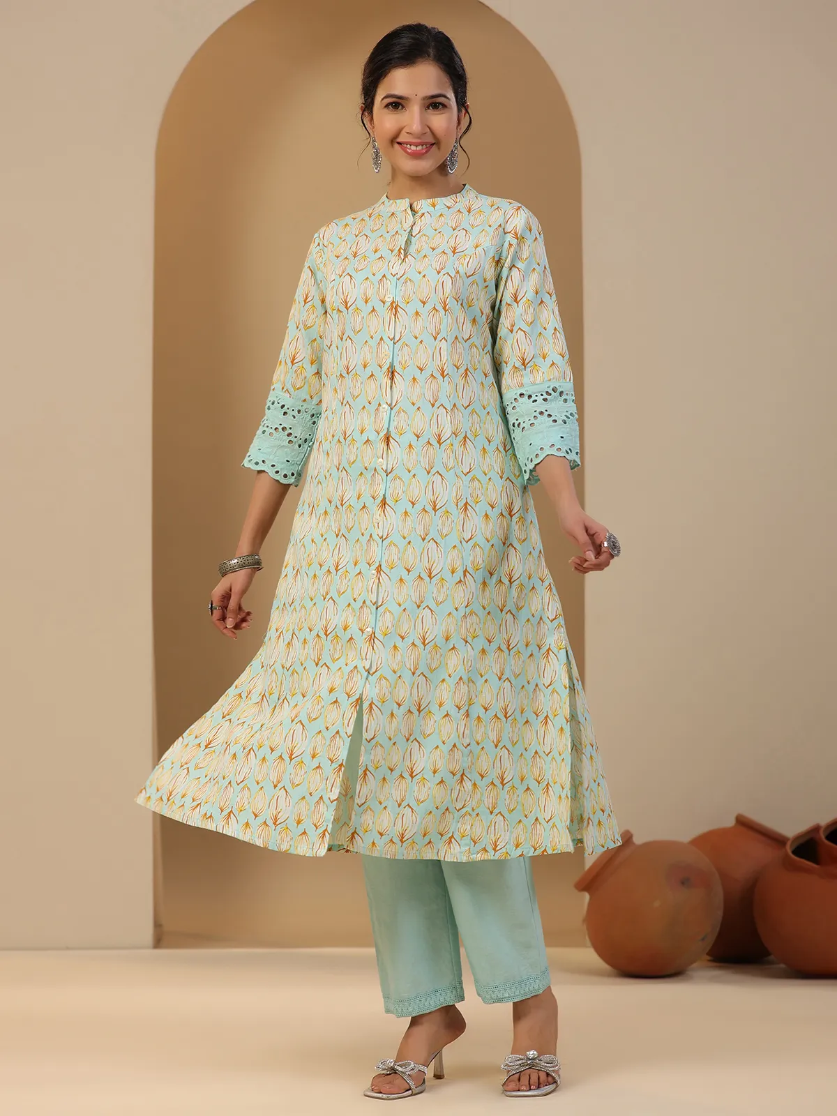 Cotton printed kurti in sky blue