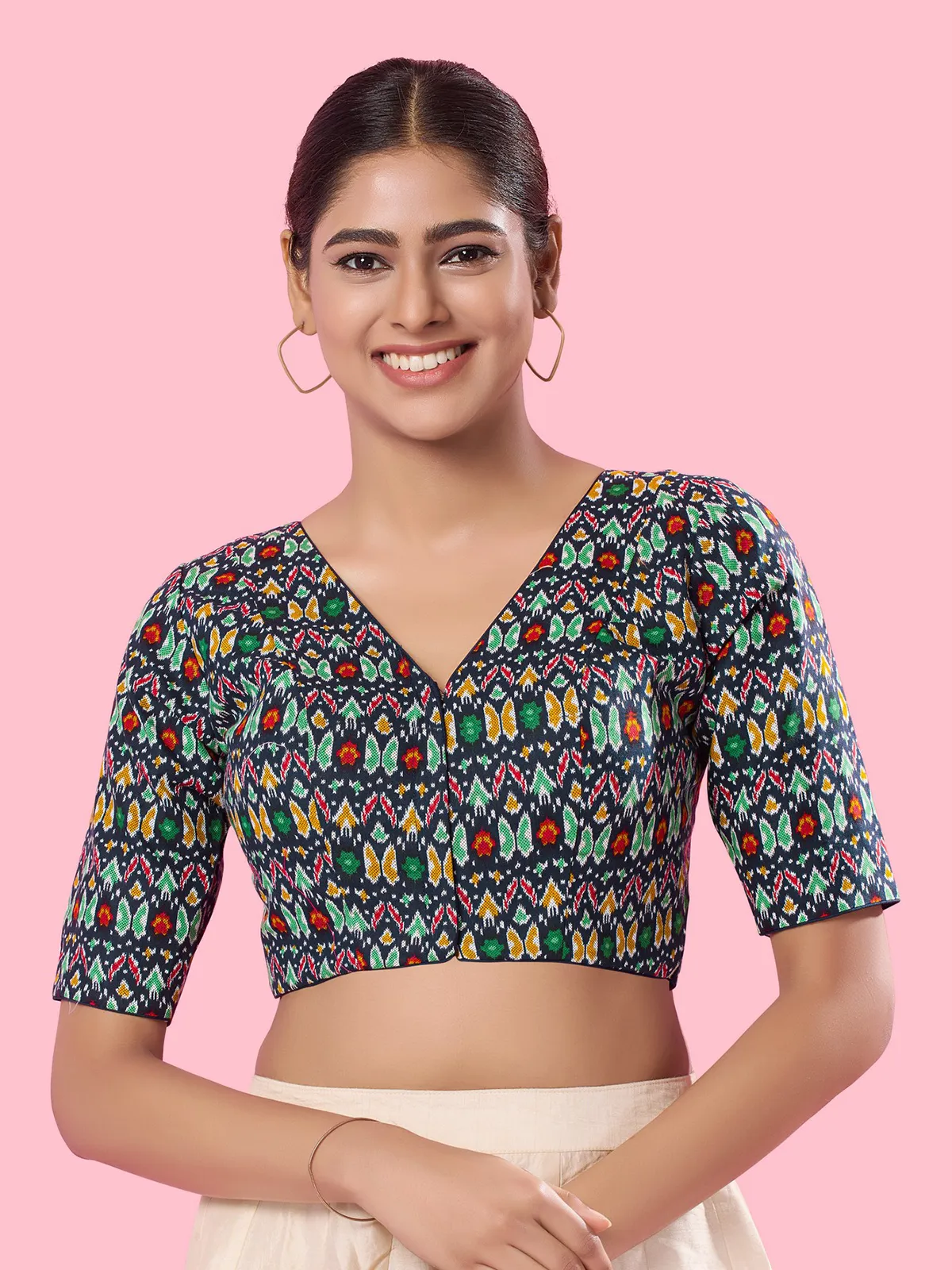 Cotton printed navy blouse