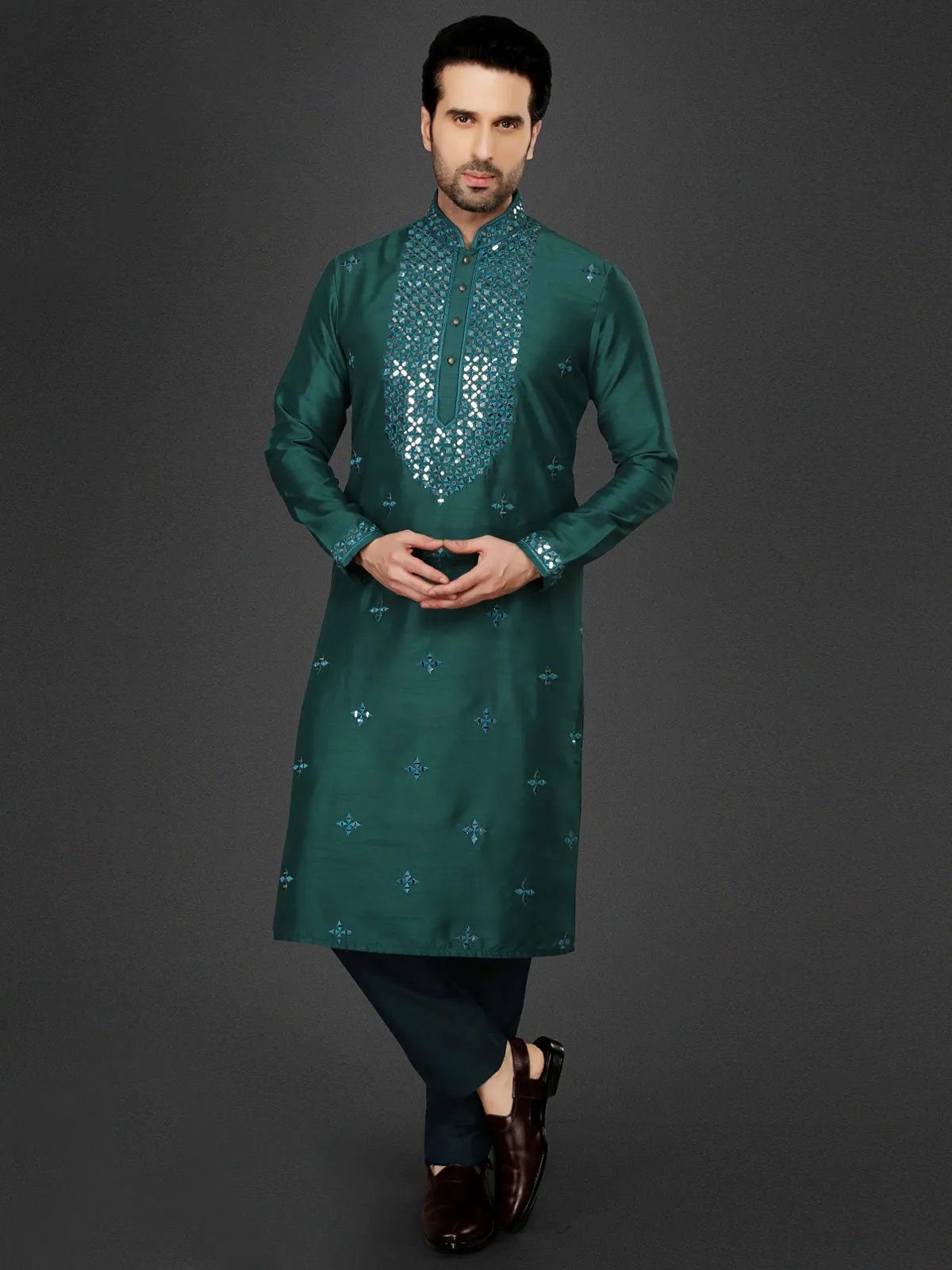 Cotton silk  Men Kurta pajama in rama green color