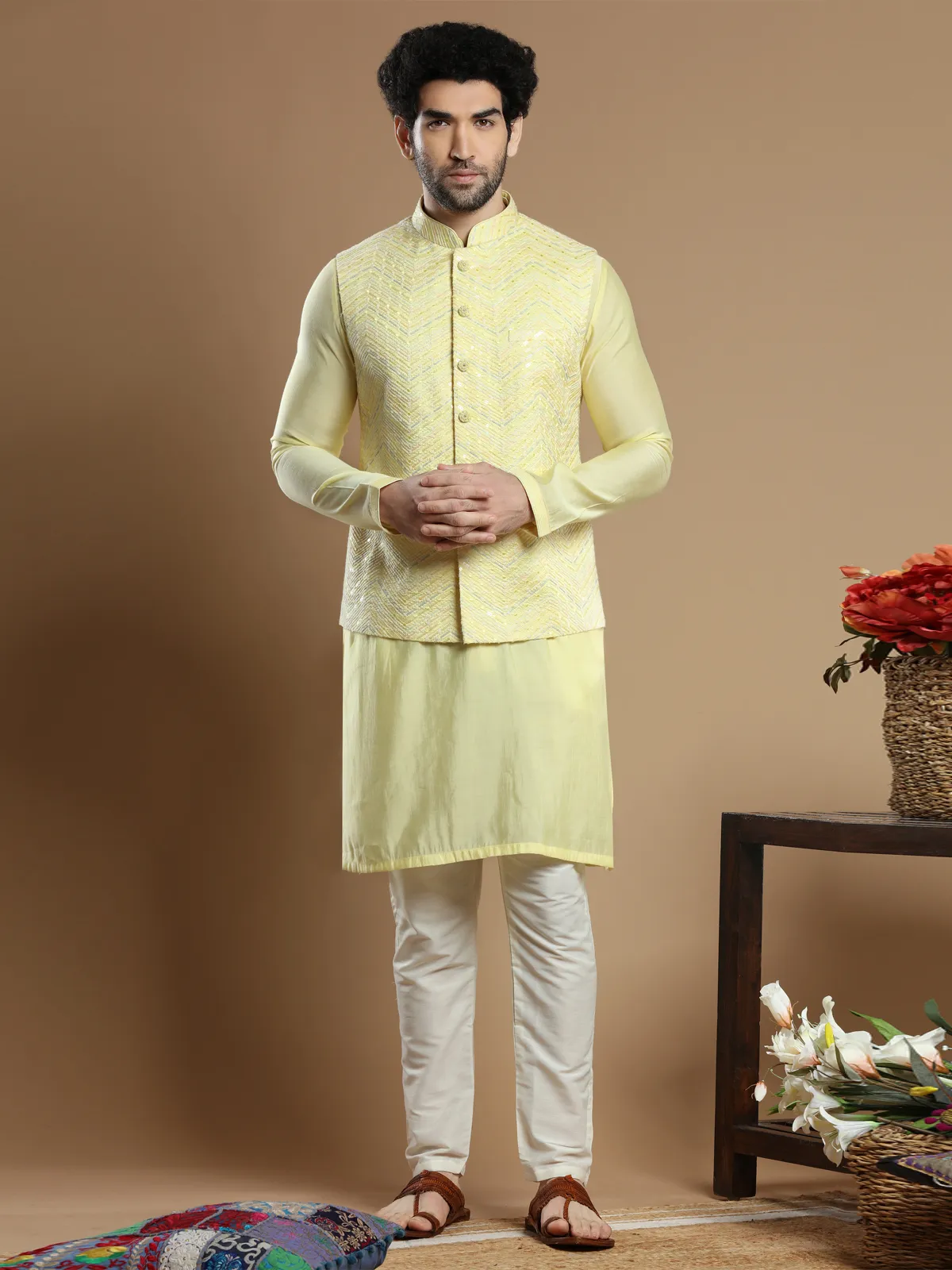 Cotton silk light yellow waistcoat set for wedding