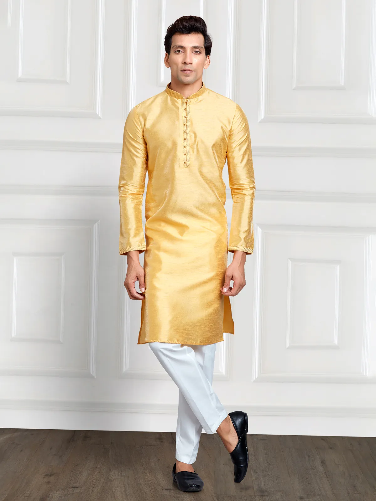 Cotton silk mustard yellow  Men Kurta pajama