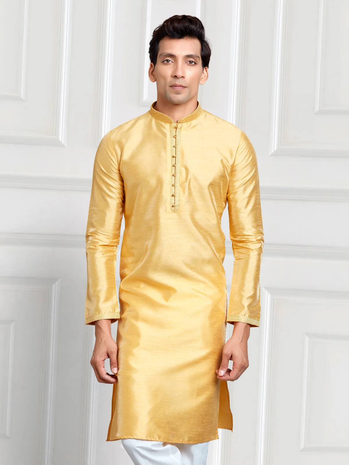 Cotton silk mustard yellow  Men Kurta pajama