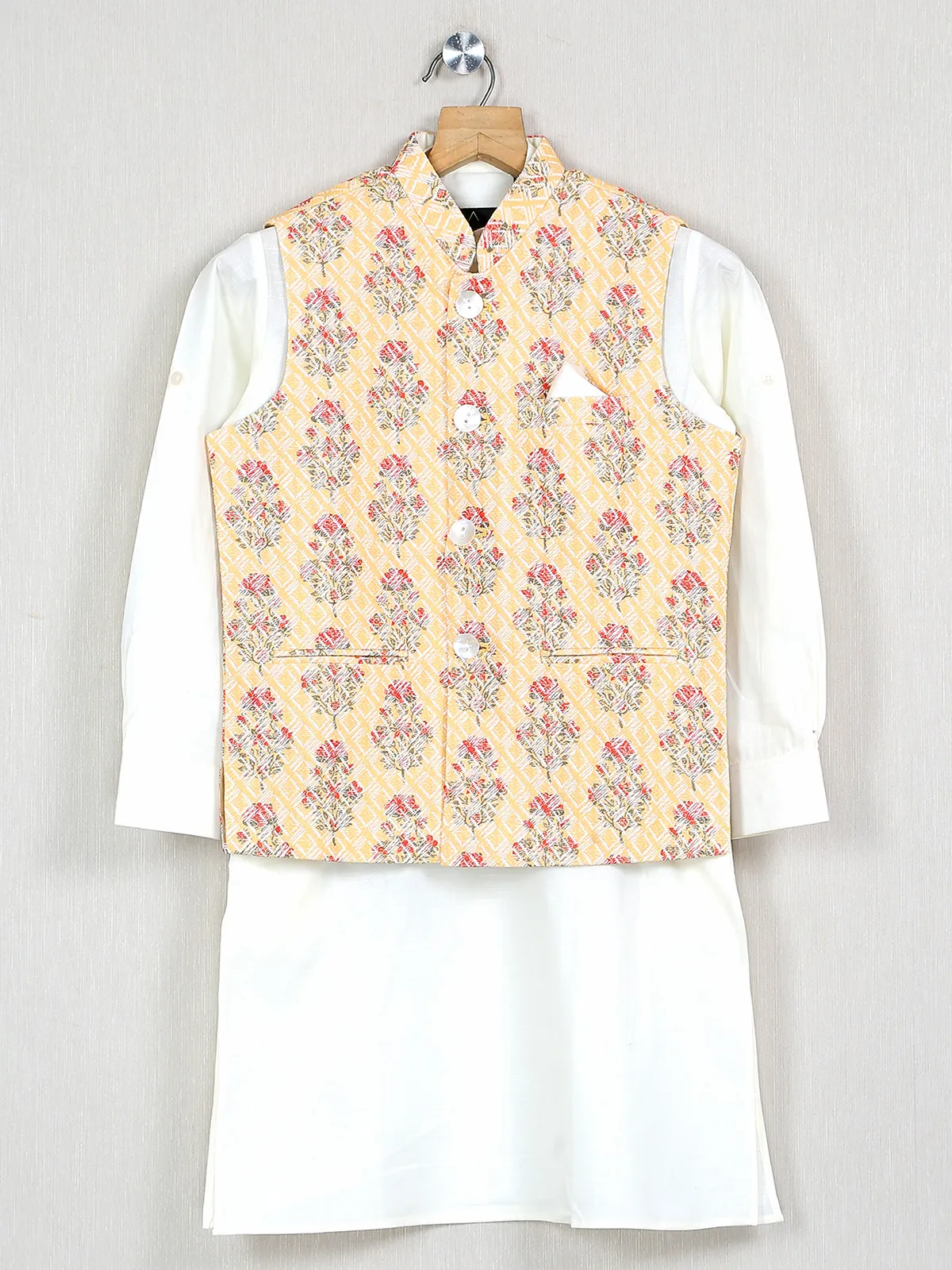 Cotton silk ochre yellow printed festive waistcoat set