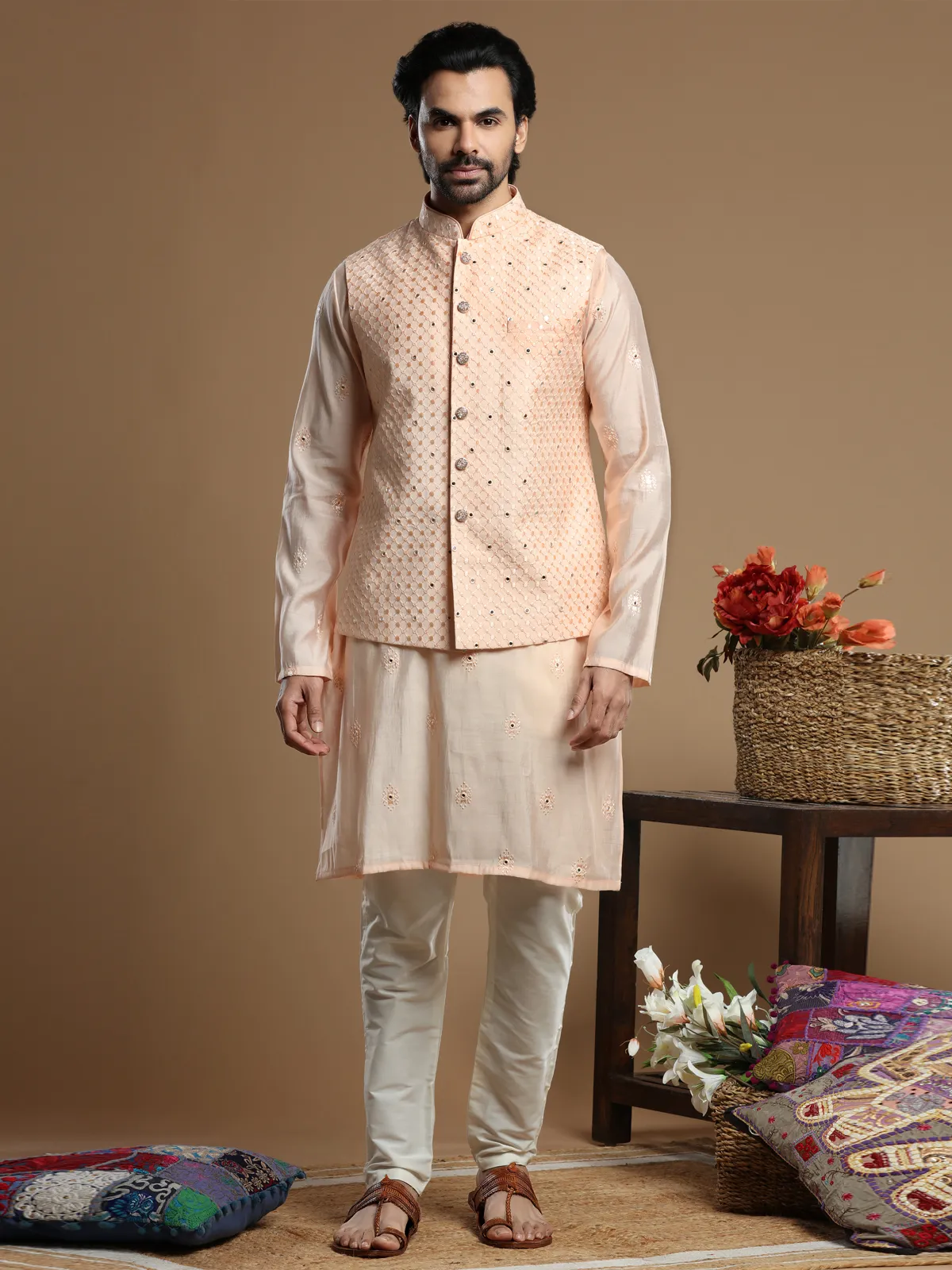 Cotton silk peach color waistcoat set for men