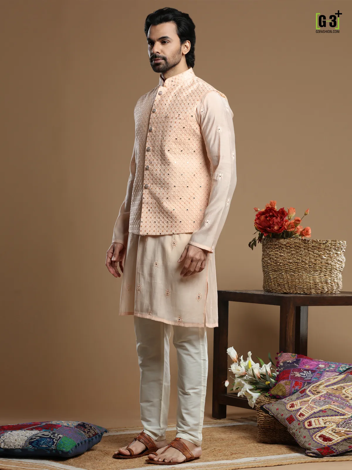 Cotton silk peach color waistcoat set for men