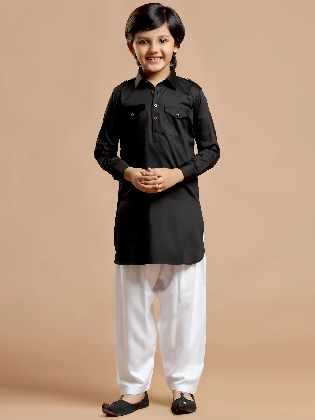 Cotton silk plain festive black boys pathani suit