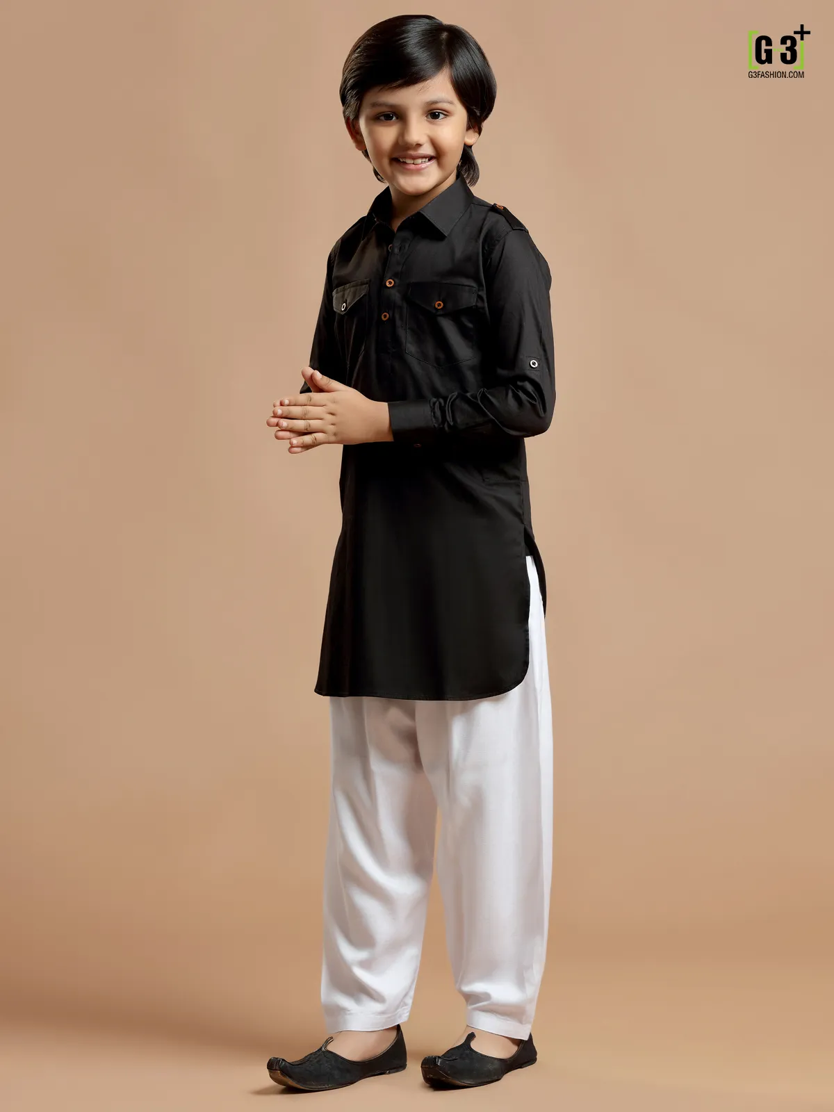 Cotton silk plain festive black boys pathani suit