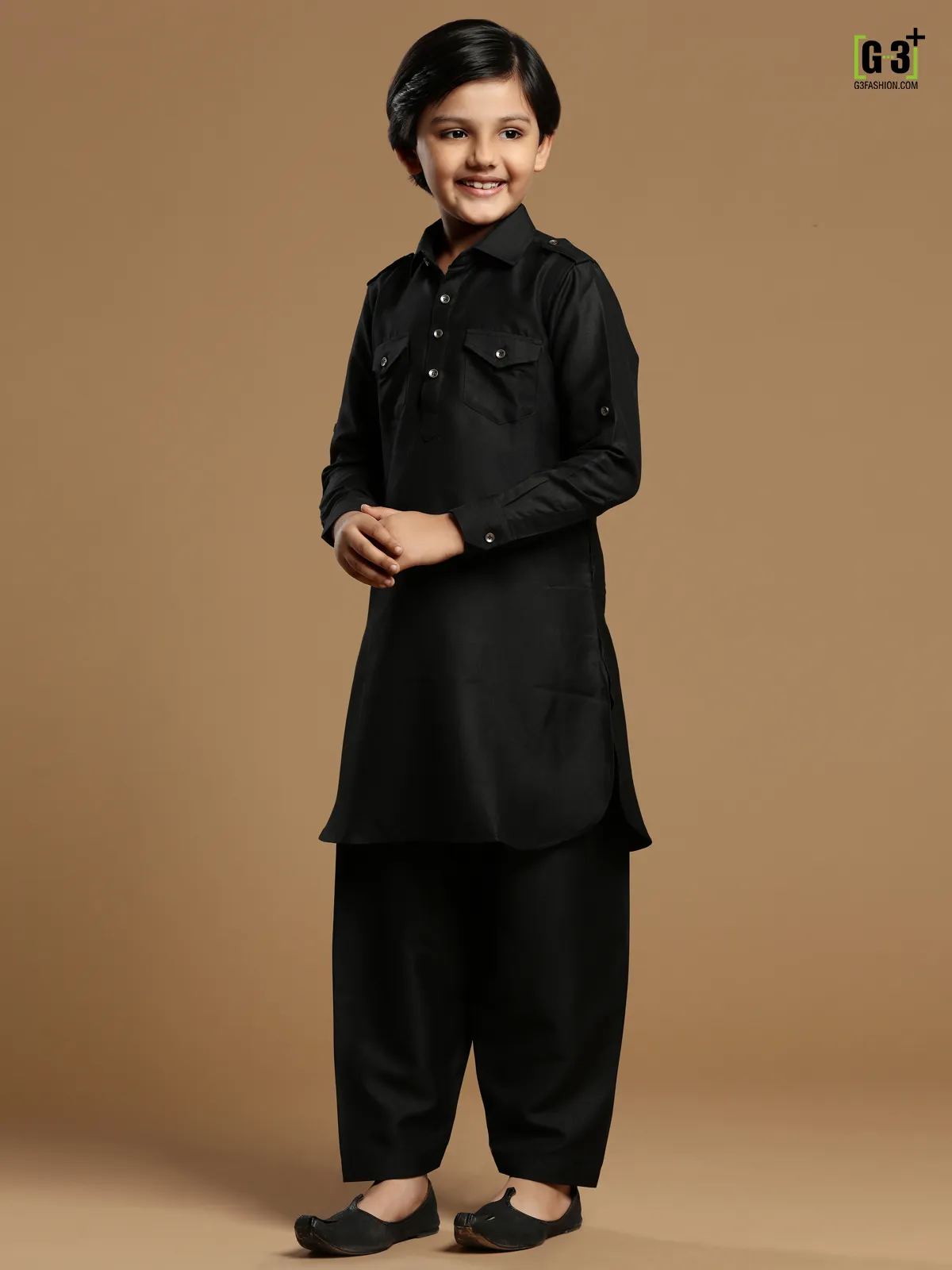 Cotton silk plain festive black pathani suit for boys