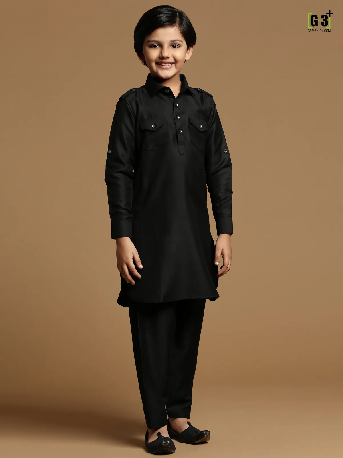 Cotton silk plain festive black pathani suit for boys