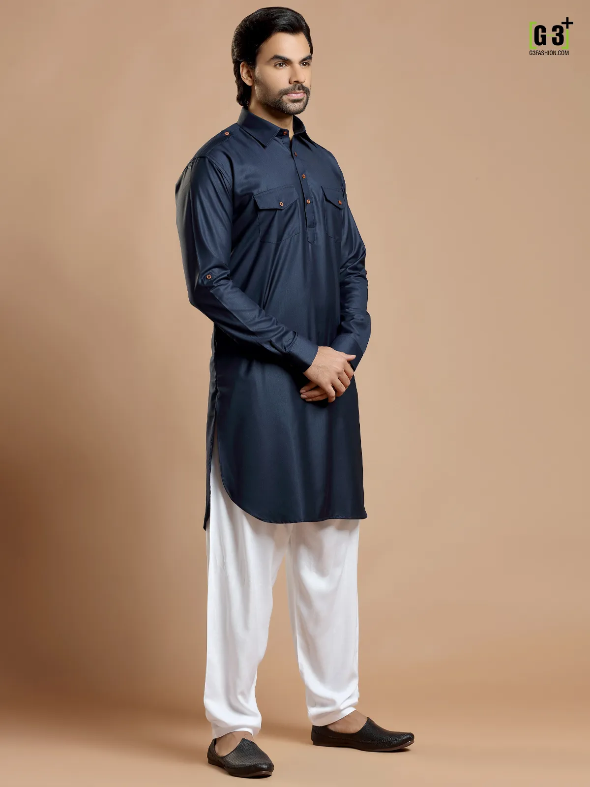Cotton silk plain festive navy pathani suit for men
