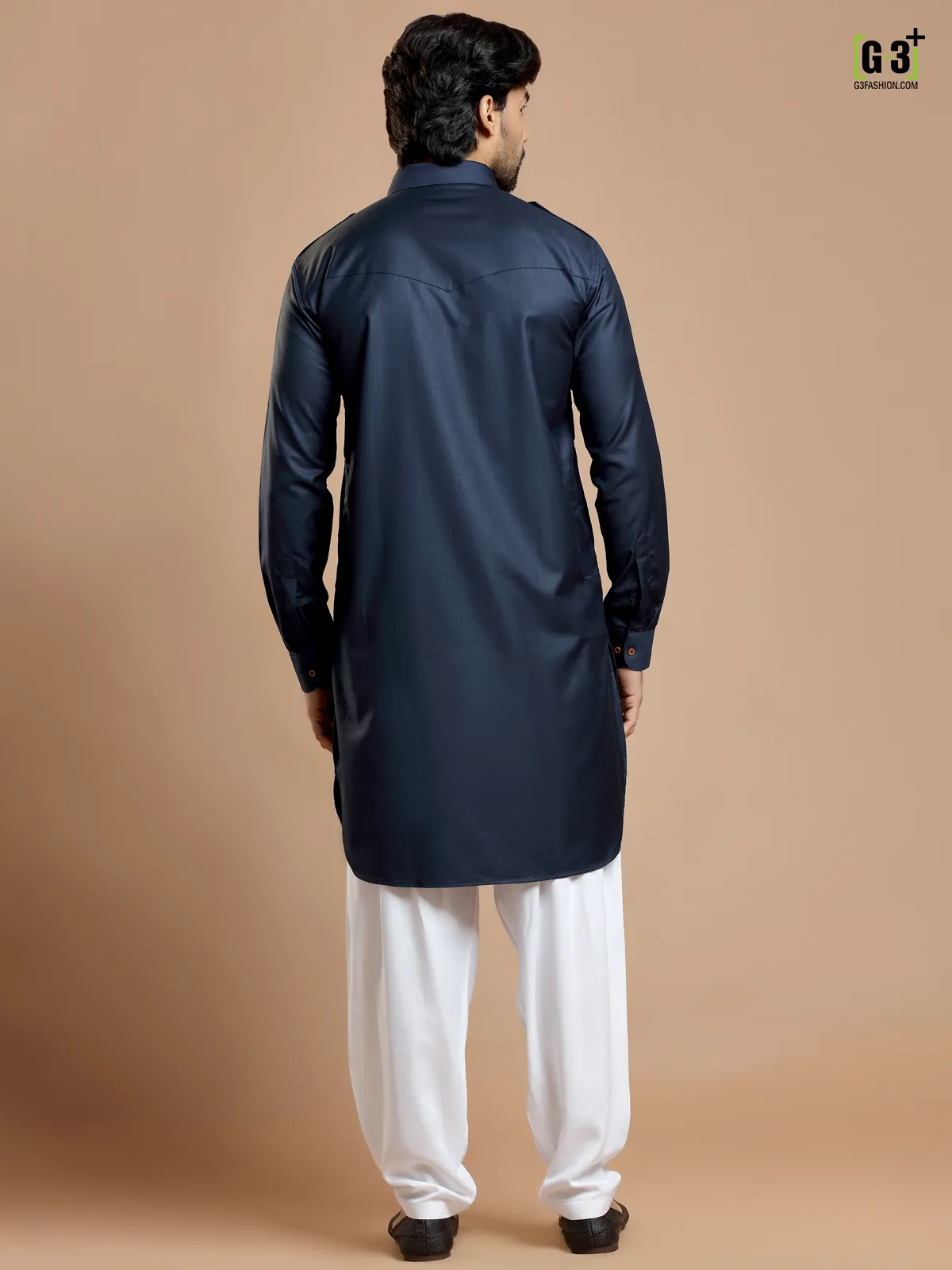 Cotton silk plain festive navy pathani suit for men