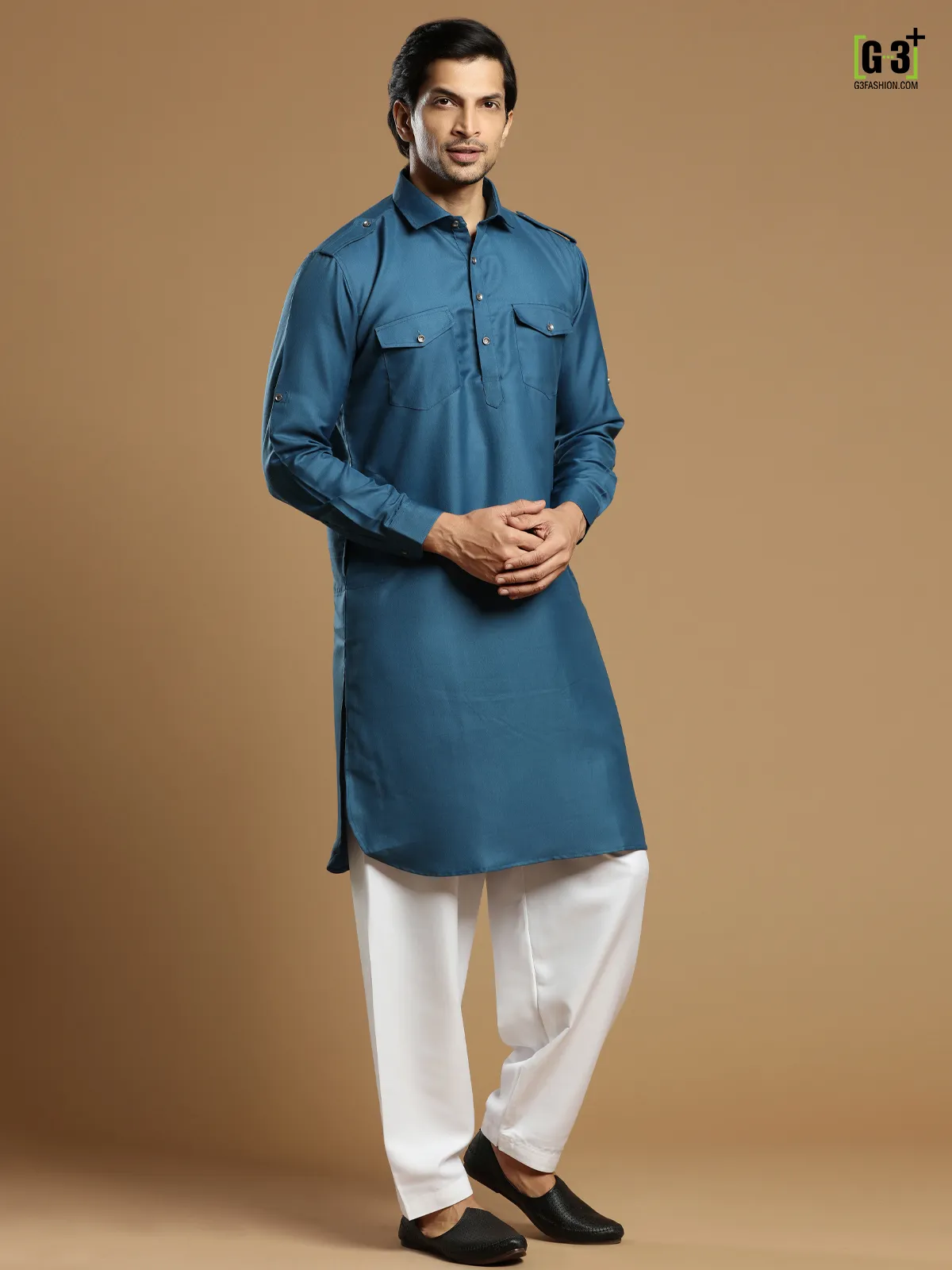 Cotton silk plain festive royal blue pathani suit for men