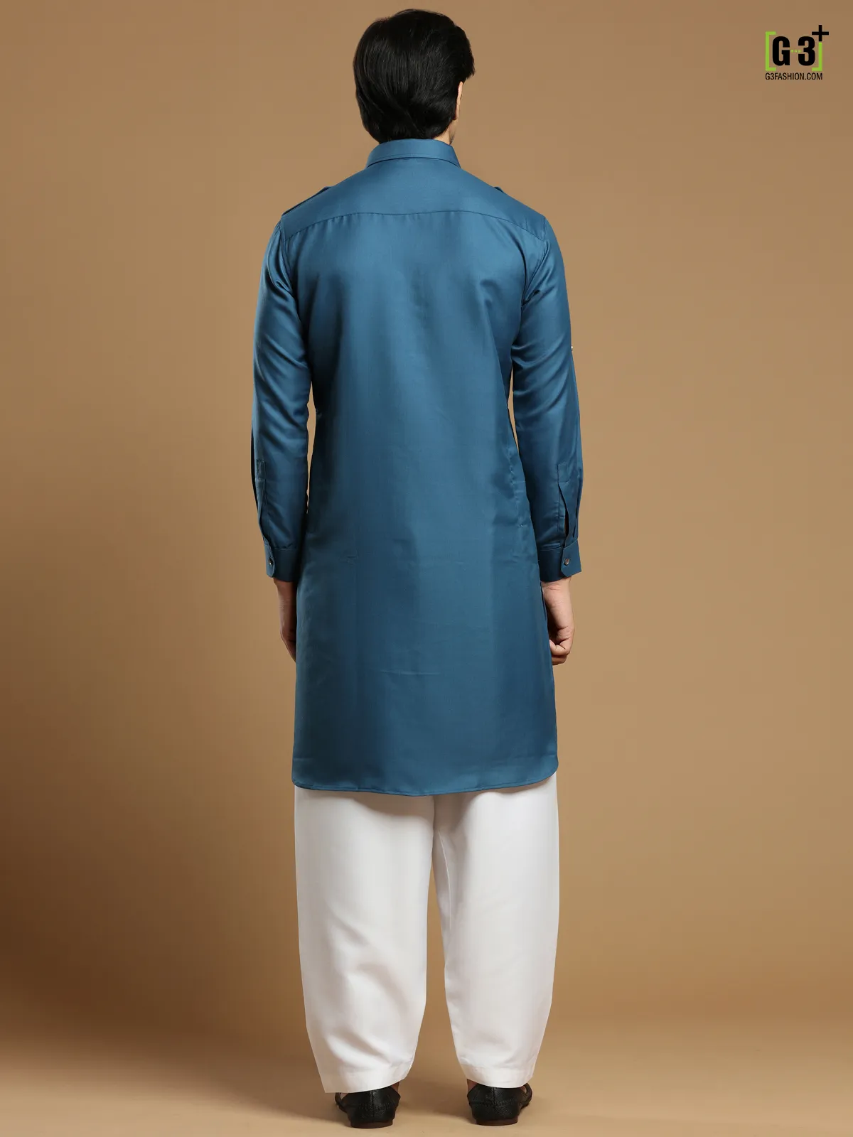 Cotton silk plain festive royal blue pathani suit for men