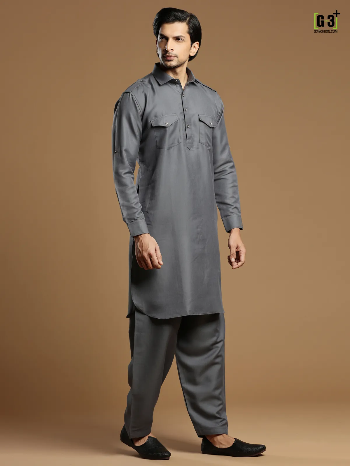 Cotton silk plain grey festive pathani suit for men