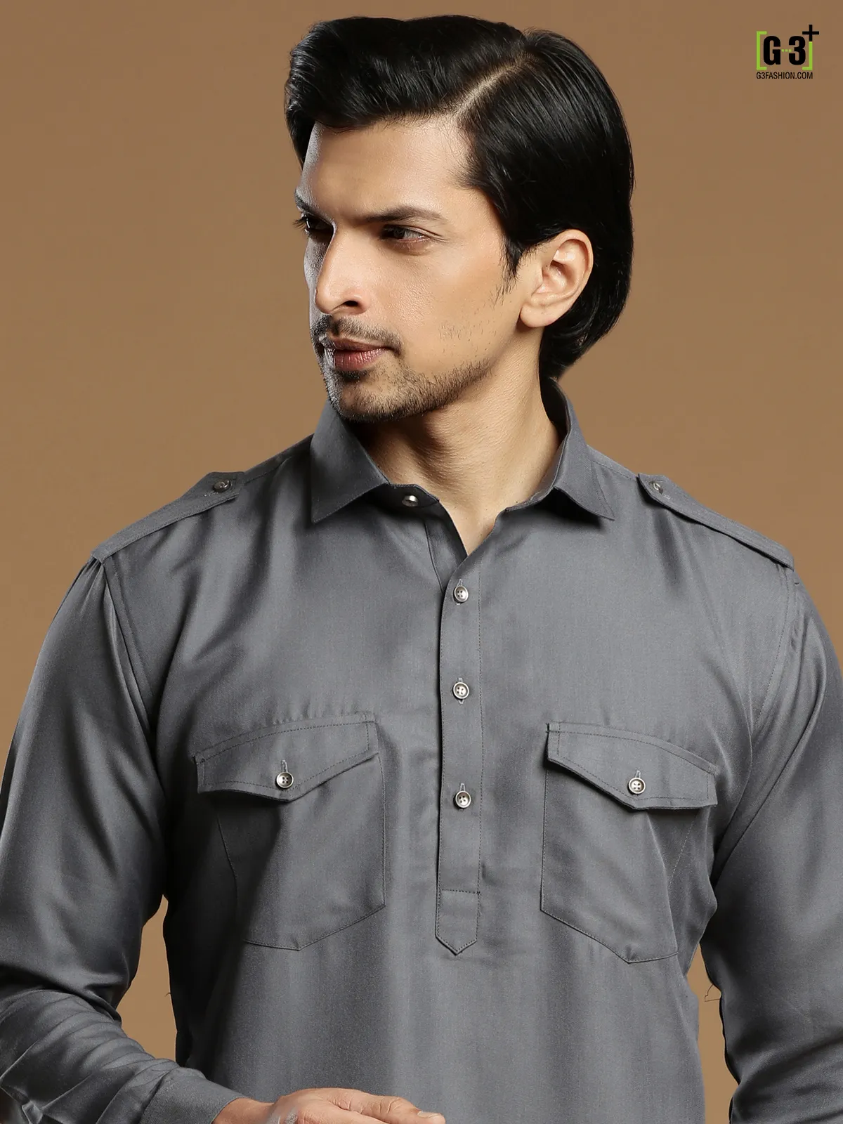 Cotton silk plain grey festive pathani suit for men